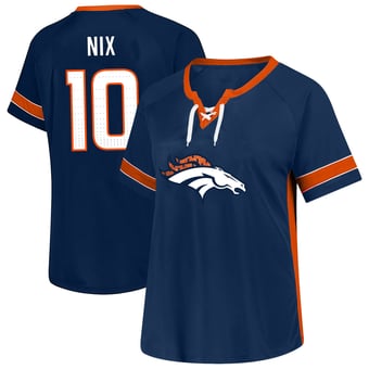 Women's Fanatics Bo Nix Navy Denver Broncos Plus Size Lace Bling Name & Number T-Shirt
