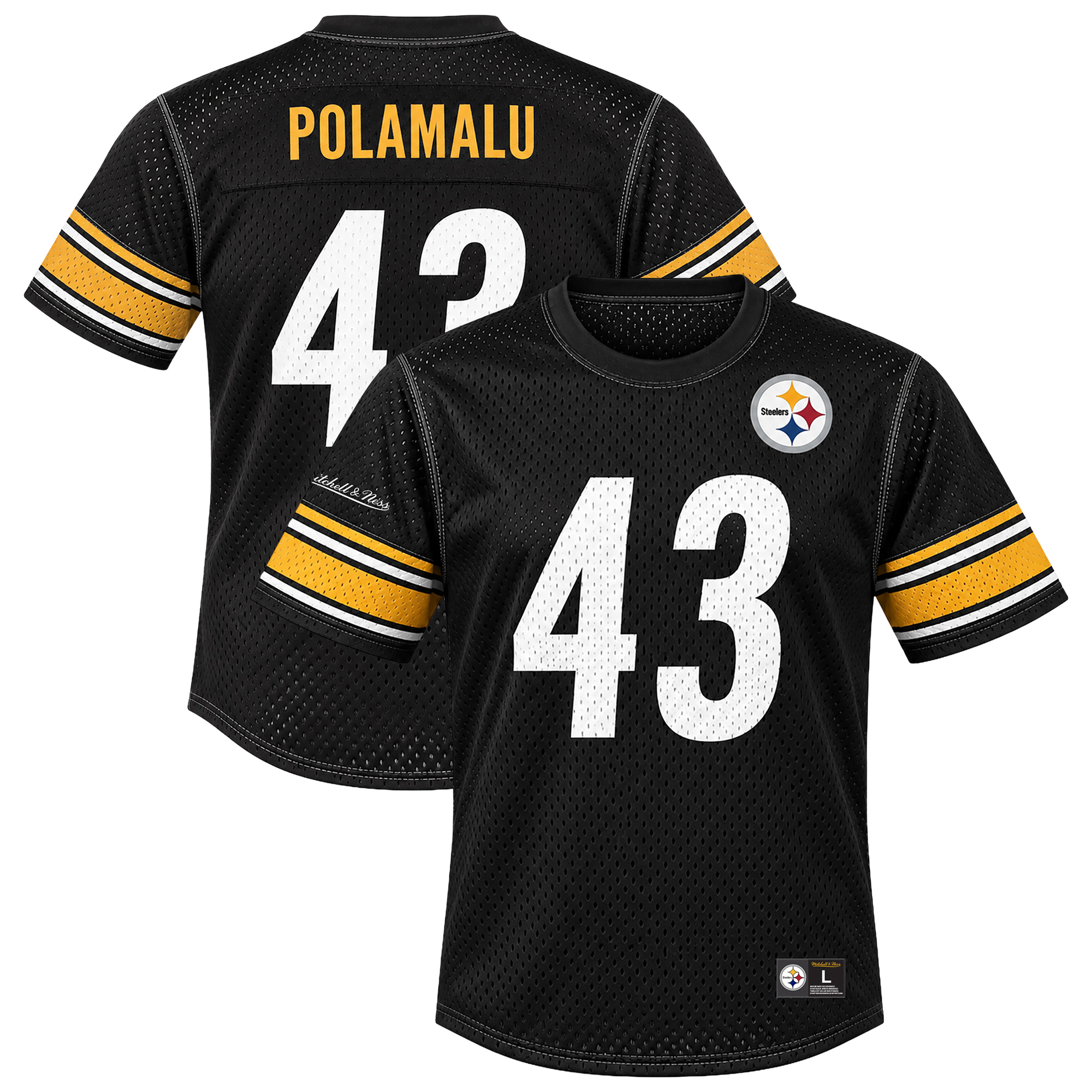 Men's Mitchell & Ness Troy Polamalu Black Pittsburgh Steelers Retired Player Mesh Crewneck Top