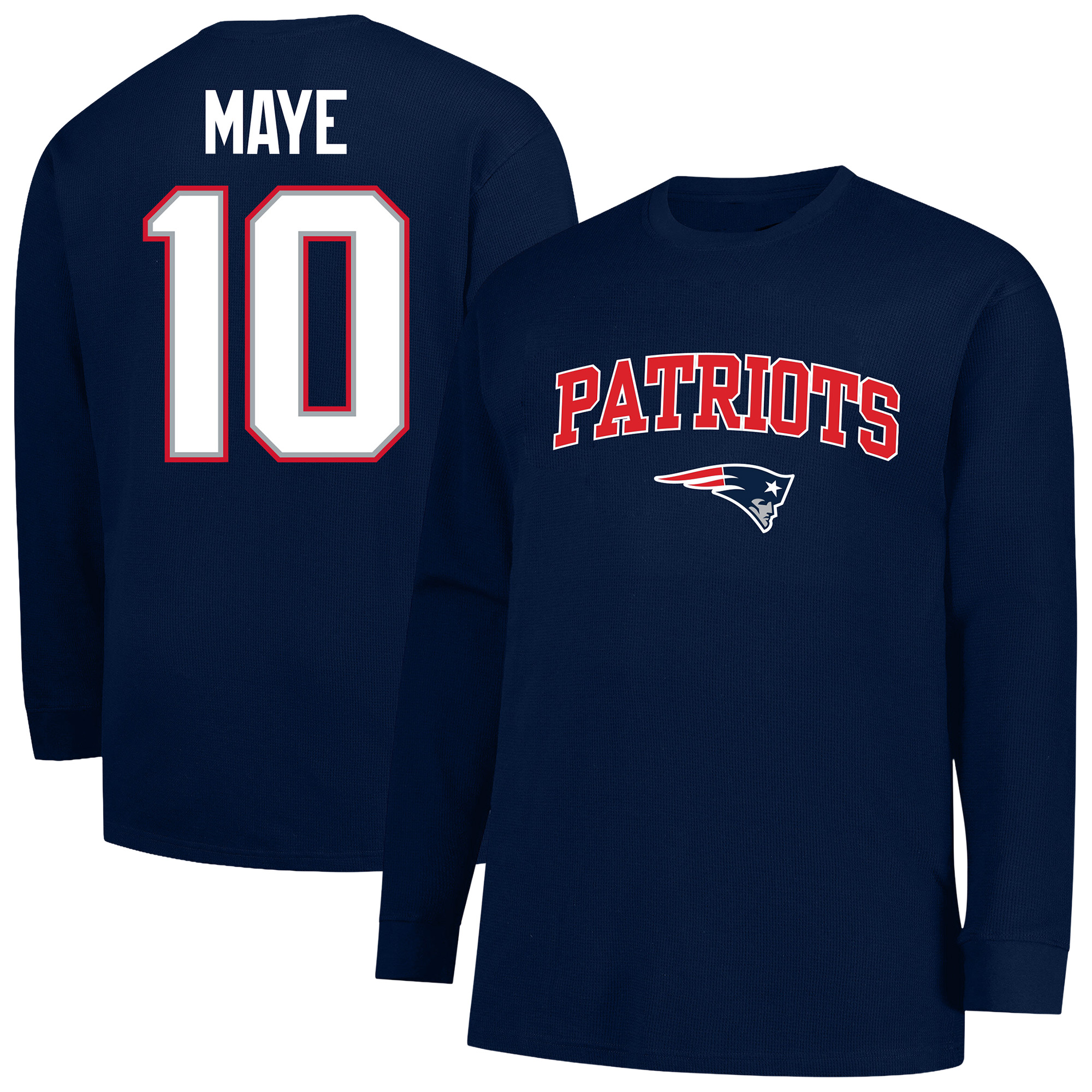 Men's Fanatics Drake Maye Navy New England Patriots Big & Tall Thermal Waffle Long Sleeve T-Shirt