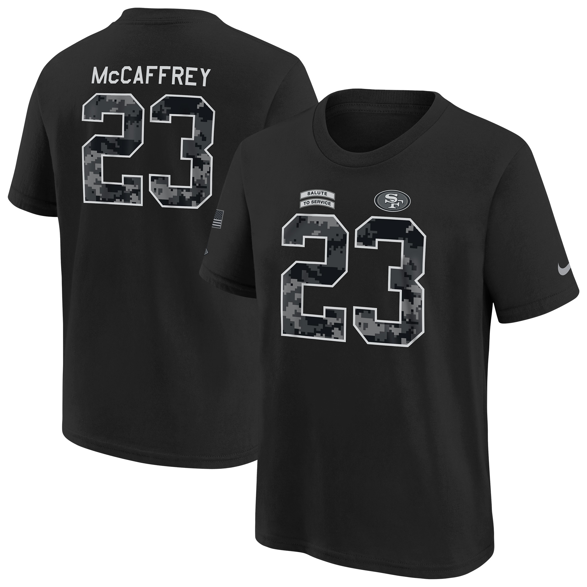 Youth Nike Christian McCaffrey Black San Francisco 49ers 2026 Salute to Service Name & Number T-Shirt