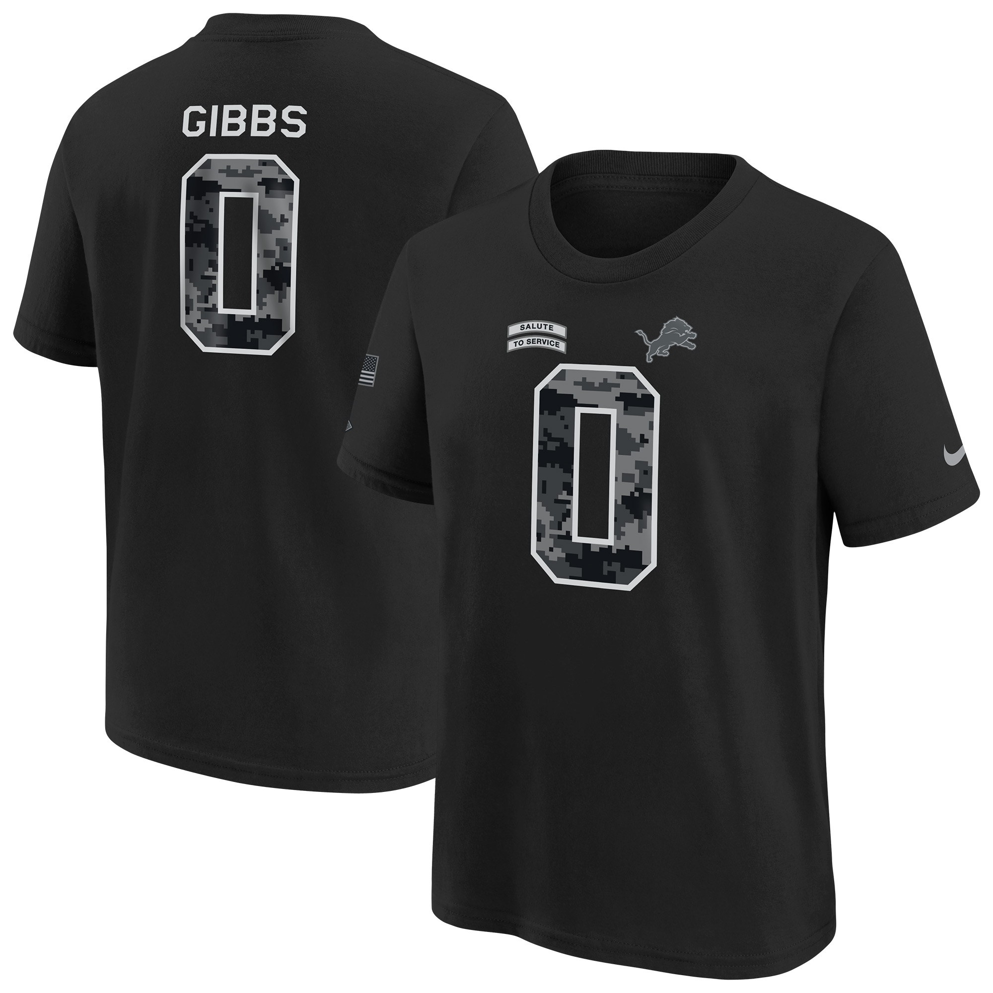 Youth Nike Jahmyr Gibbs Black Detroit Lions 2026 Salute to Service Name & Number T-Shirt