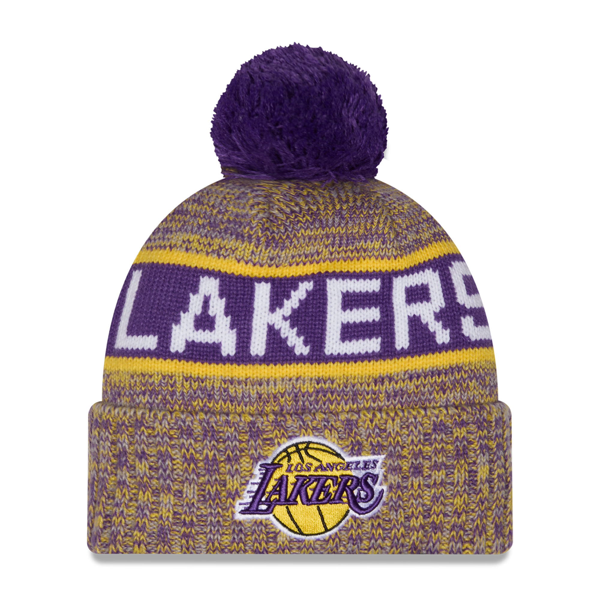Men's New Era Purple/Gold Los Angeles Lakers Tri-Color Cuffed Knit Hat with Pom