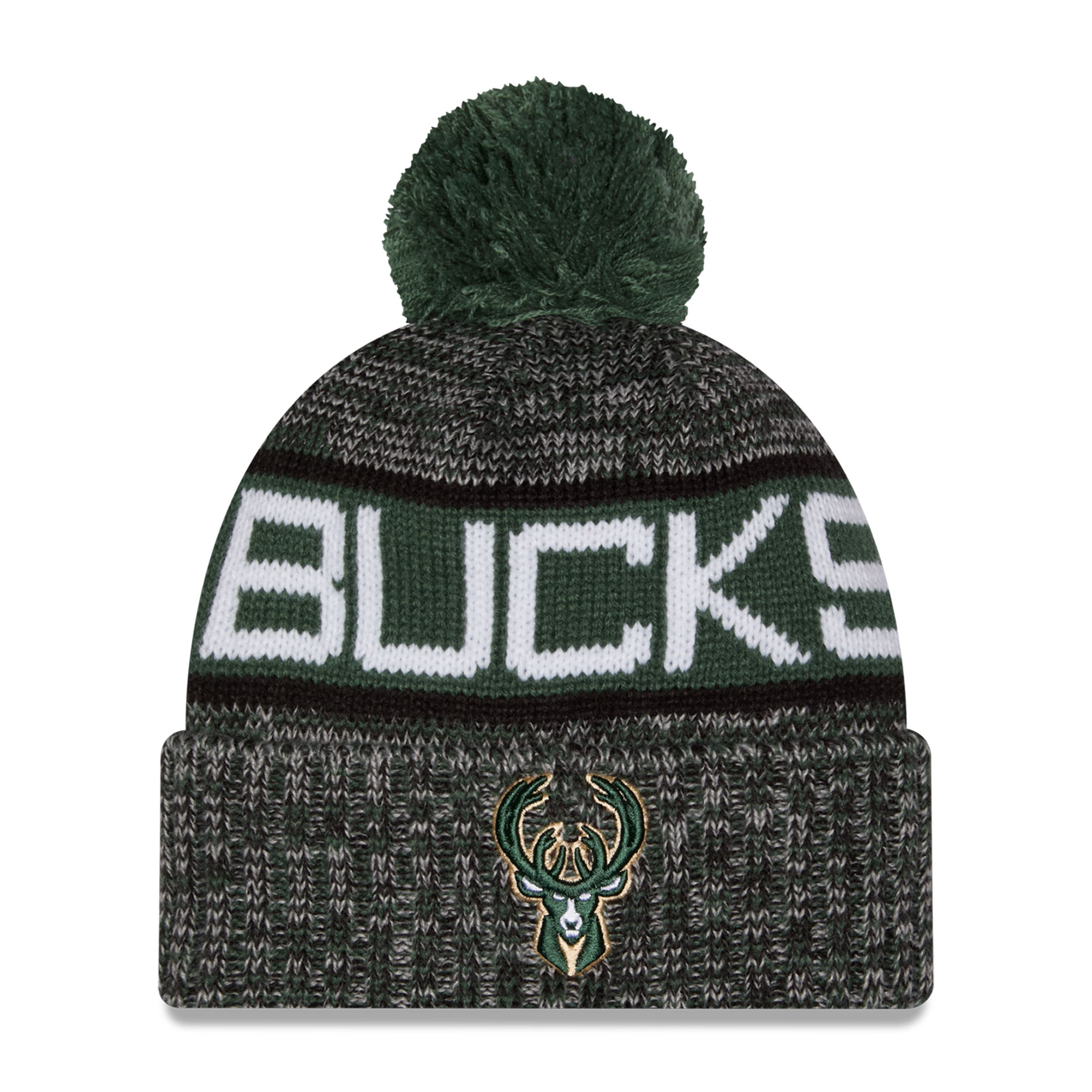 Men's New Era Hunter Green/Heather Gray Milwaukee Bucks Tri-Color Cuffed Knit Hat with Pom