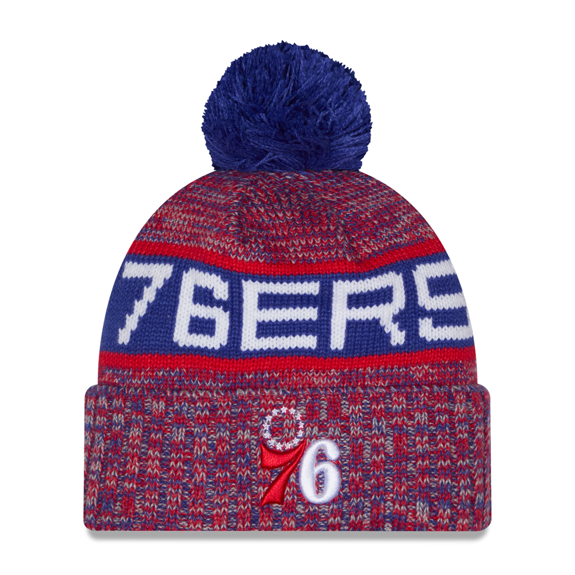 Men's New Era Royal/Red Philadelphia 76ers Tri-Color Cuffed Knit Hat with Pom