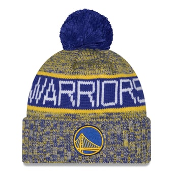 Men's New Era Royal/Gold Golden State Warriors Tri-Color Cuffed Knit Hat with Pom
