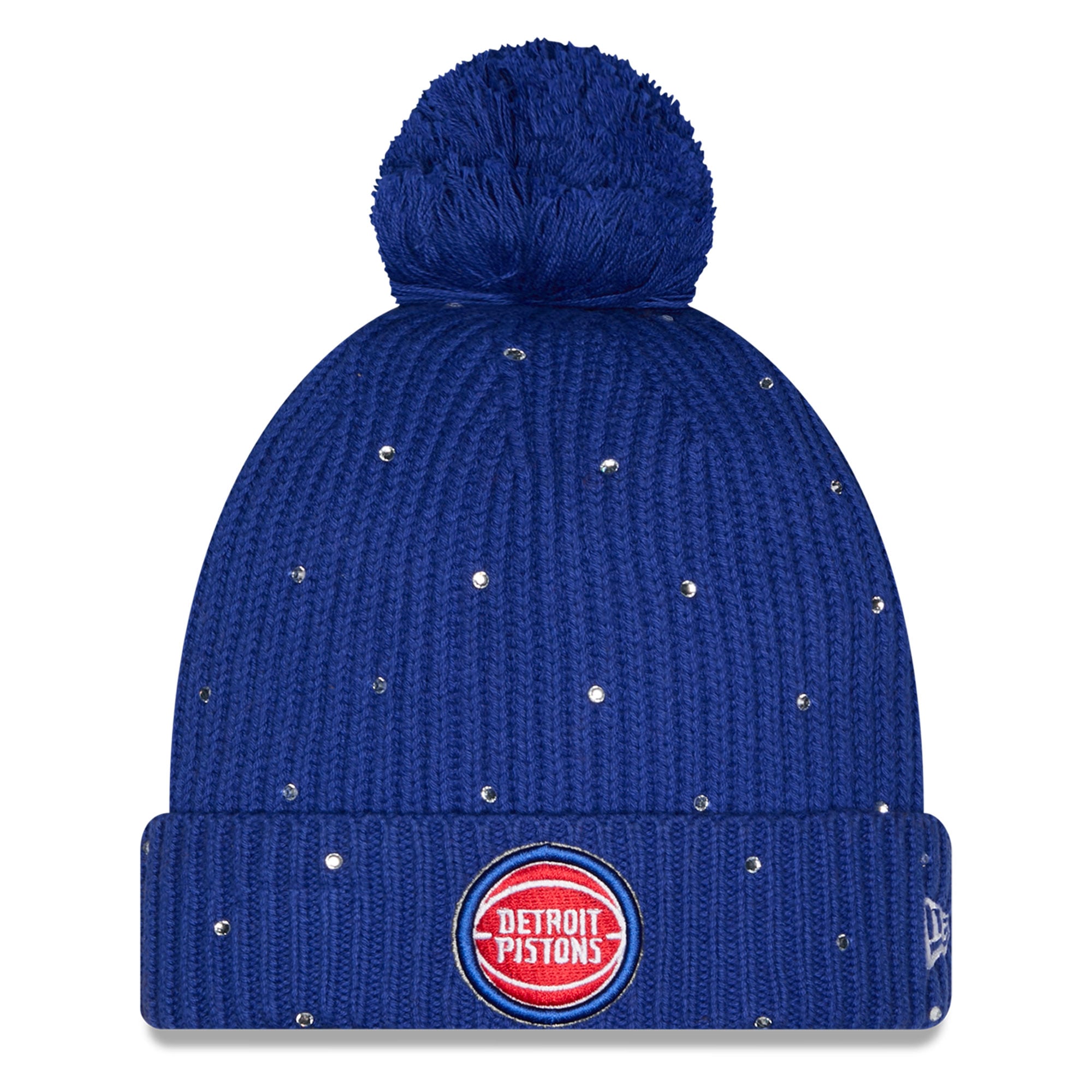 Women's New Era Blue Detroit Pistons Rhinestone Cuffed Knit Hat with Pom