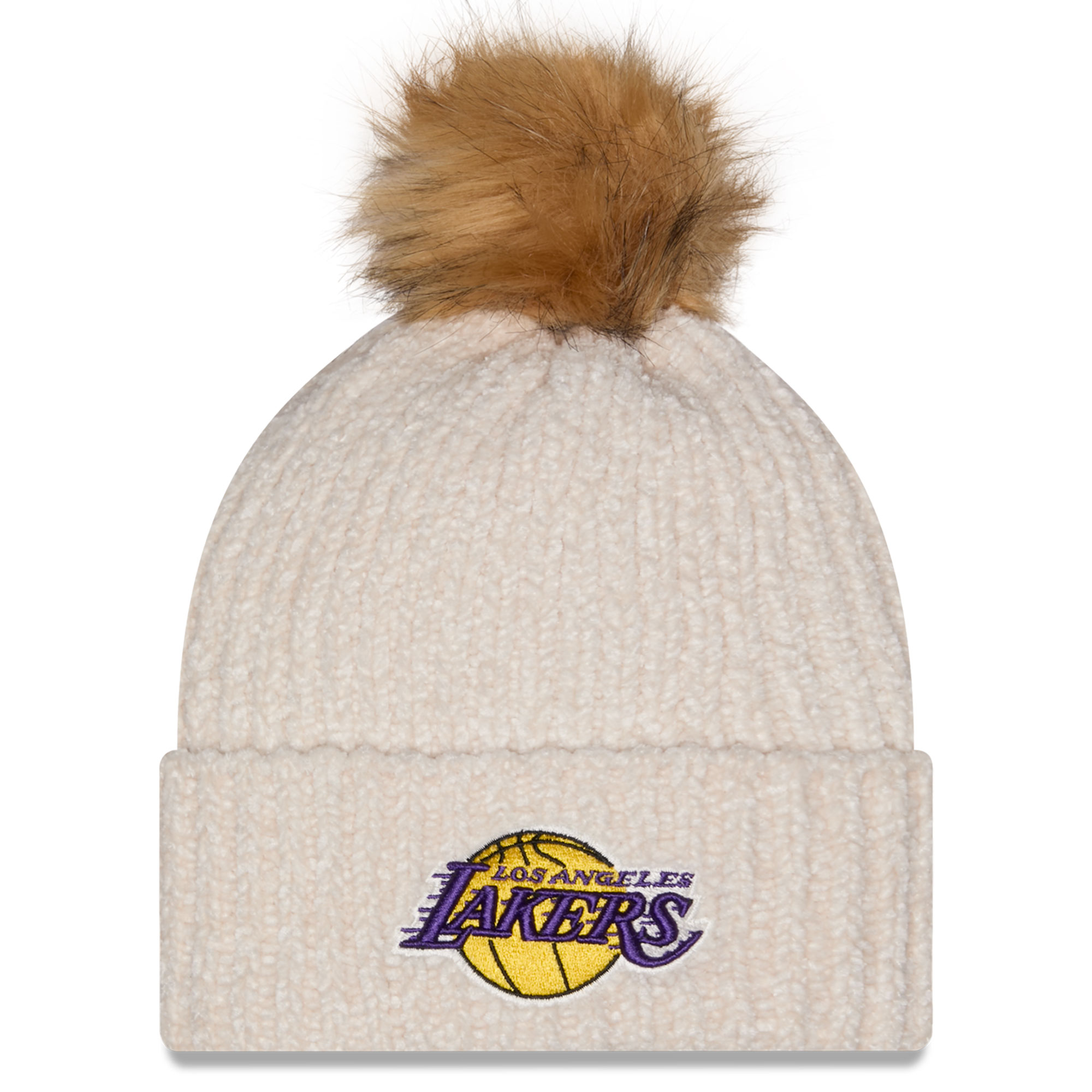 Women's New Era Cream Los Angeles Lakers Chrome Cuff Knit Hat with Pom