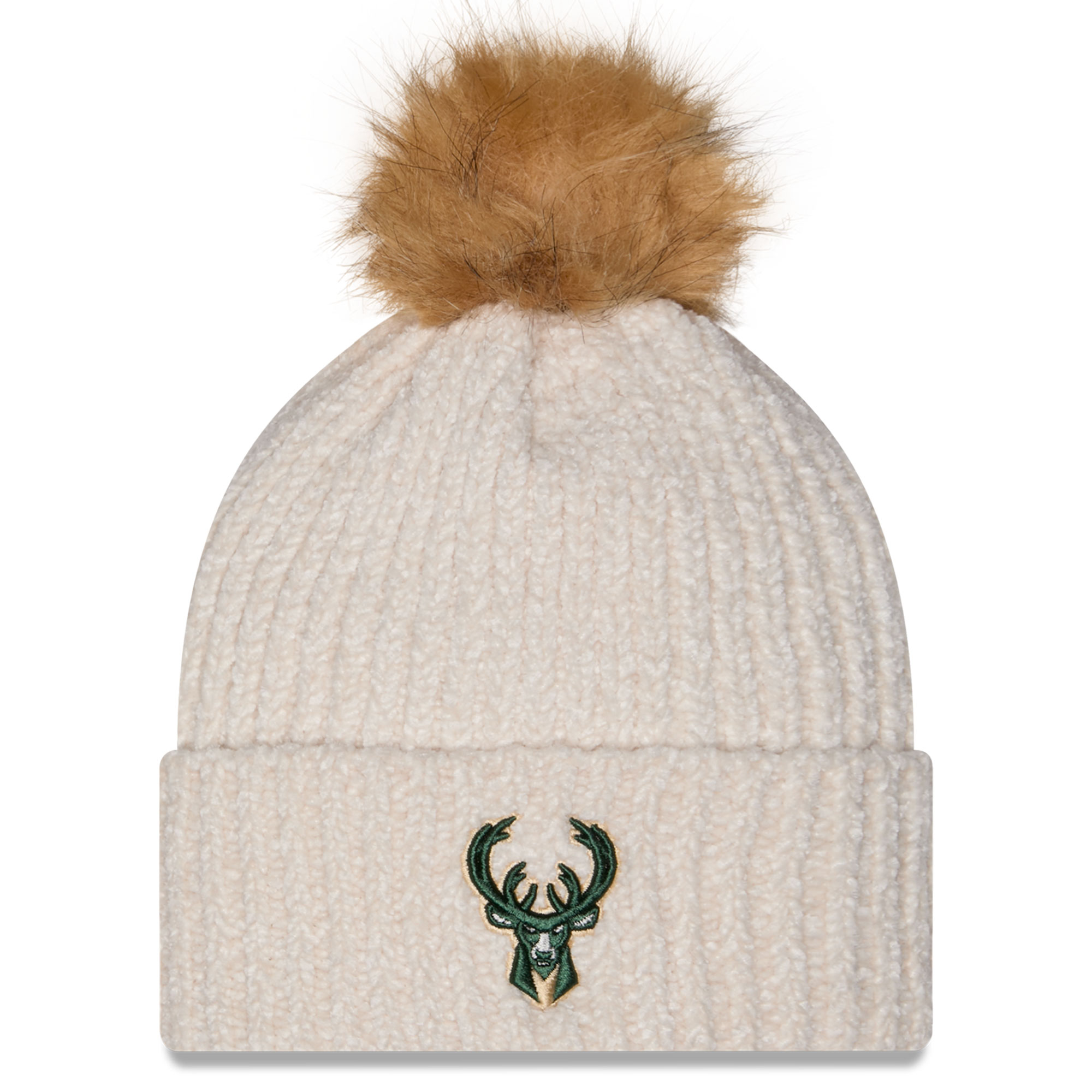 Women's New Era Cream Milwaukee Bucks Chrome Cuff Knit Hat with Pom