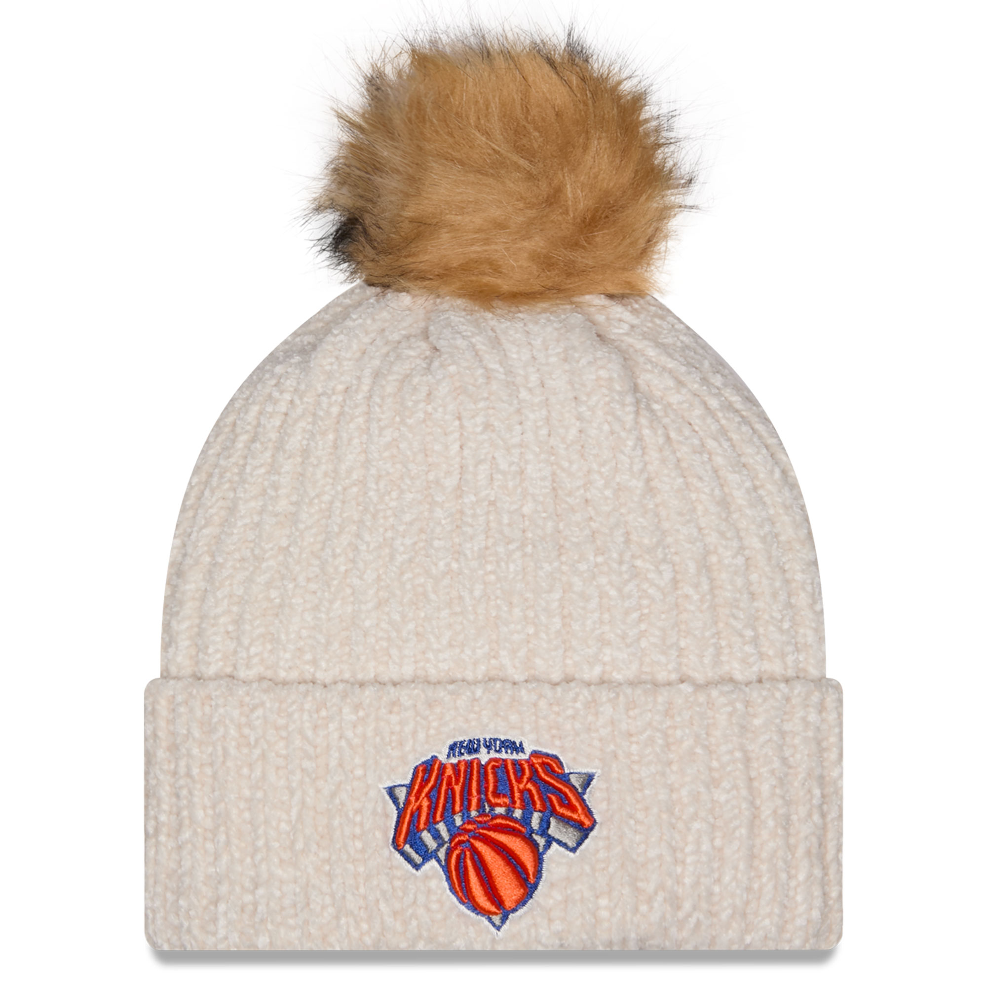 Women's New Era Cream New York Knicks Chrome Cuff Knit Hat with Pom