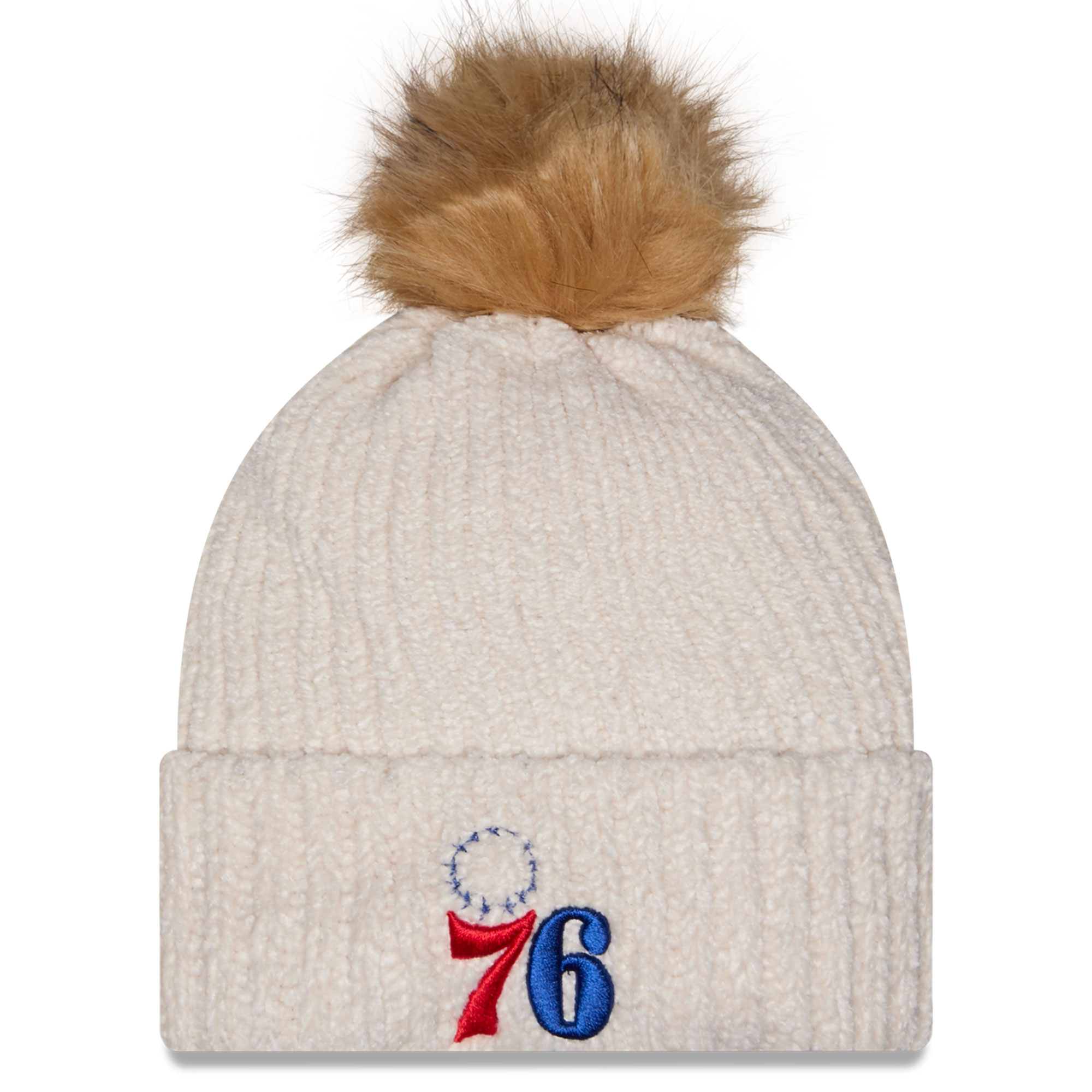 Women's New Era Cream Philadelphia 76ers Chrome Cuff Knit Hat with Pom