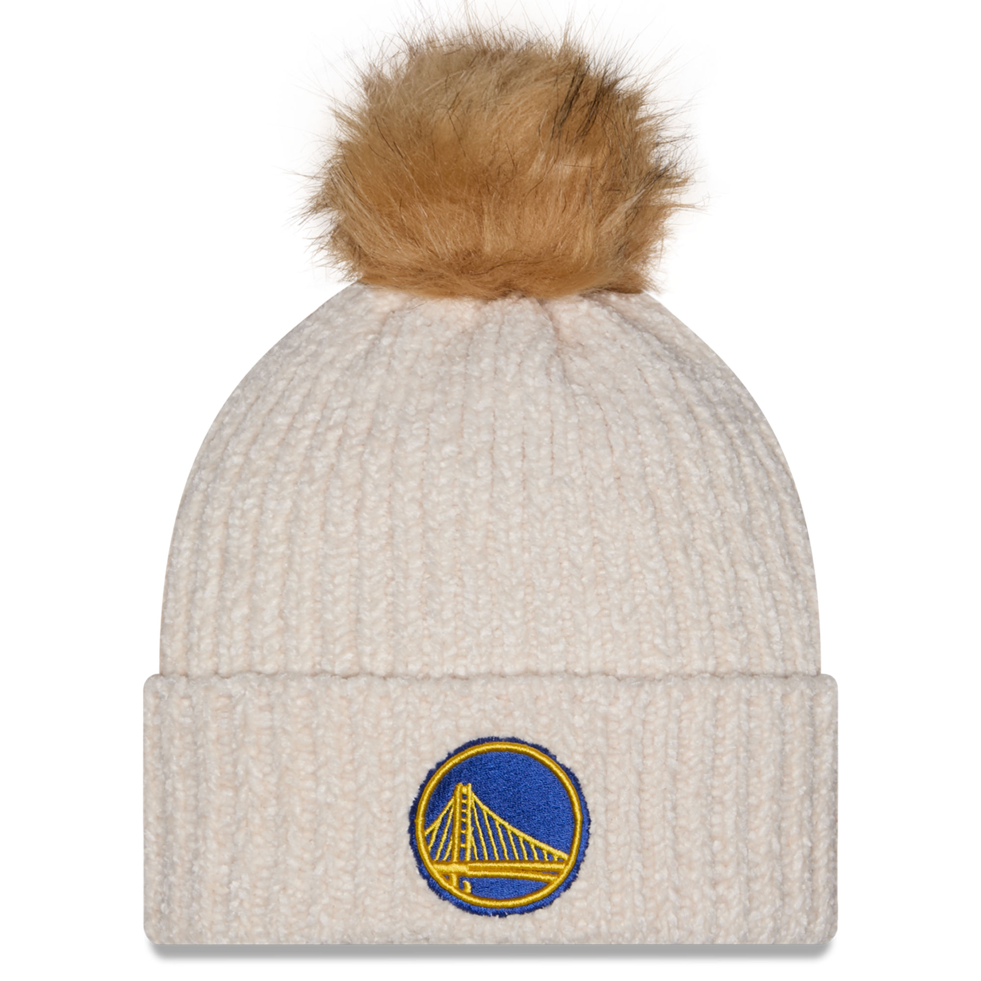 Women's New Era Cream Golden State Warriors Chrome Cuff Knit Hat with Pom