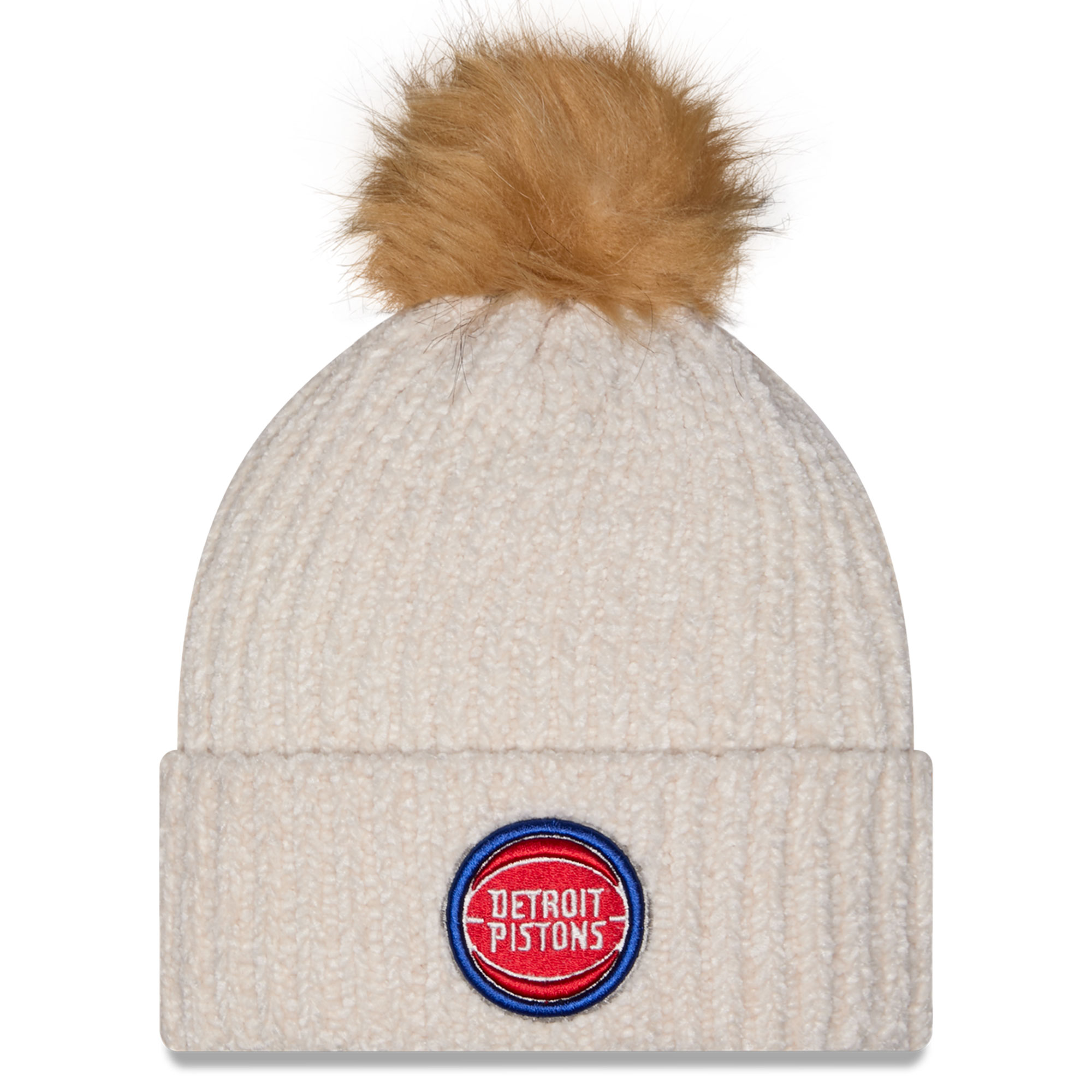 Women's New Era Cream Detroit Pistons Chrome Cuff Knit Hat with Pom