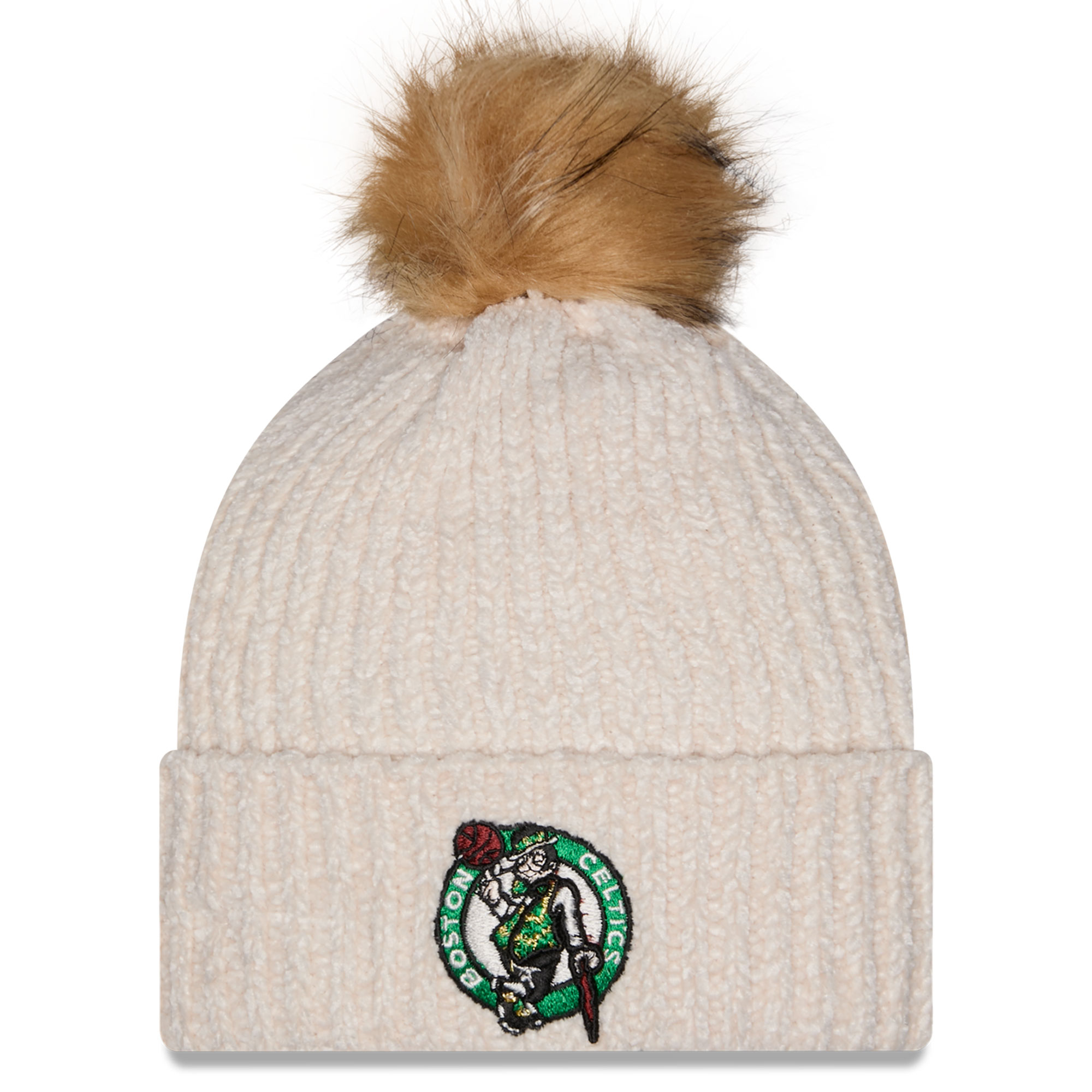 Women's New Era Cream Boston Celtics Chrome Cuff Knit Hat with Pom
