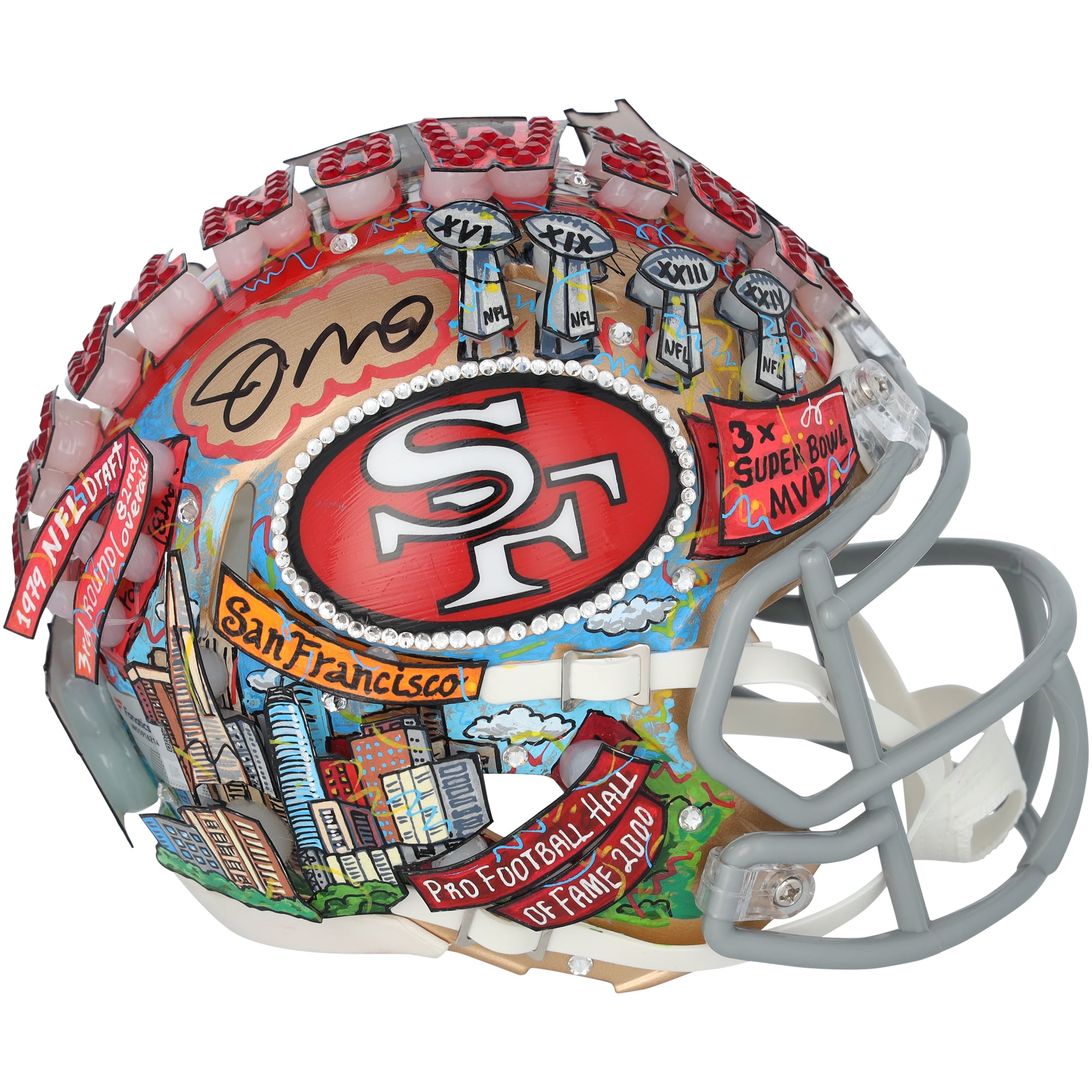Joe Montana San Francisco 49ers Autographed Riddell 1964-95 Throwback Speed Mini Helmet - Art by Charles Fazzino - WN55916214