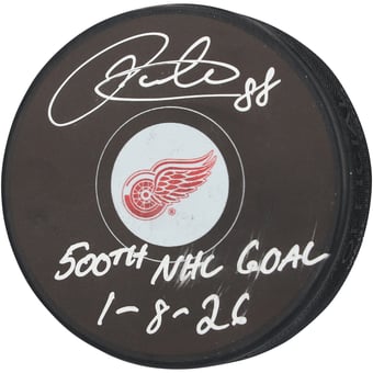 Patrick Kane Detroit Red Wings Autographed Hockey Puck with "500th NHL G 1-8-26" Inscription