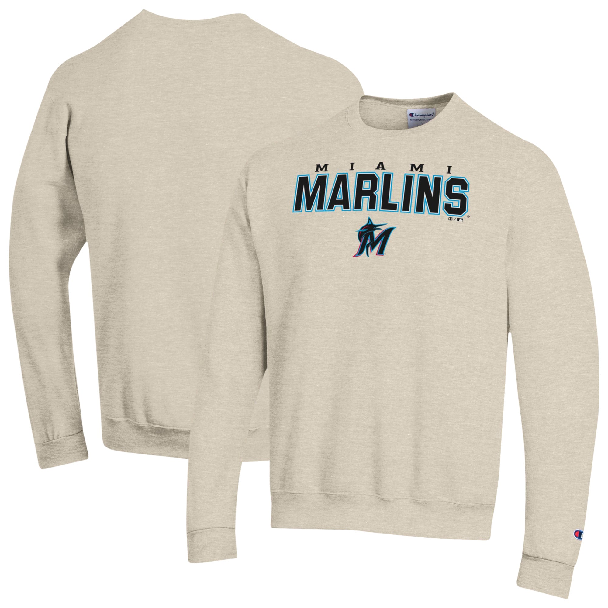 Men's Champion Oatmeal Miami Marlins Eco Powerblend Sweatshirt