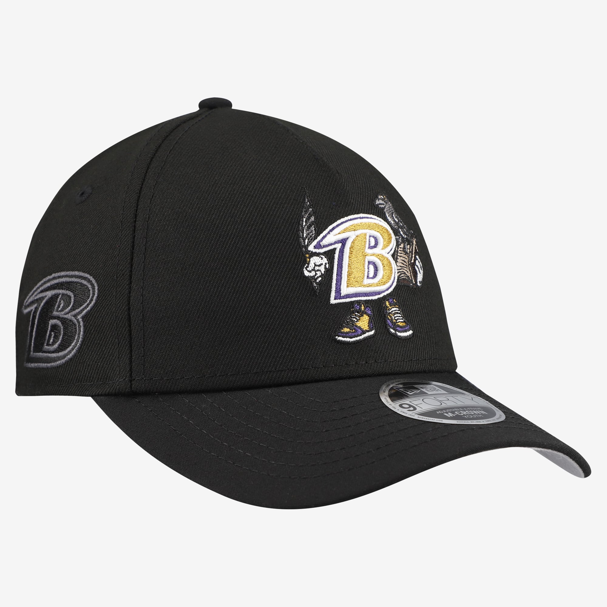 Youth New Era Black Baltimore Ravens Cartoon A-Frame 9FORTY Adjustable Hat
