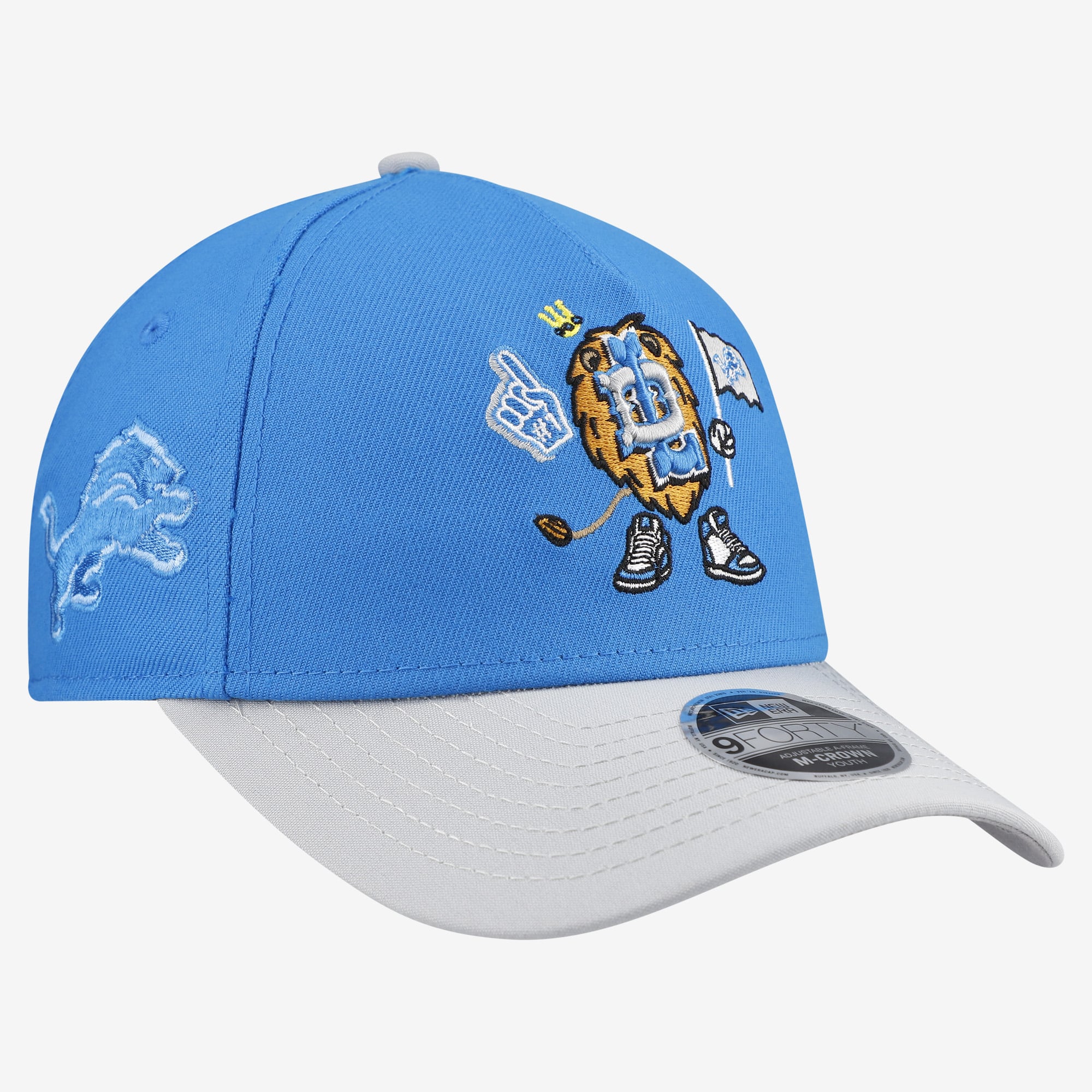Youth New Era Blue Detroit Lions Cartoon A-Frame 9FORTY Adjustable Hat