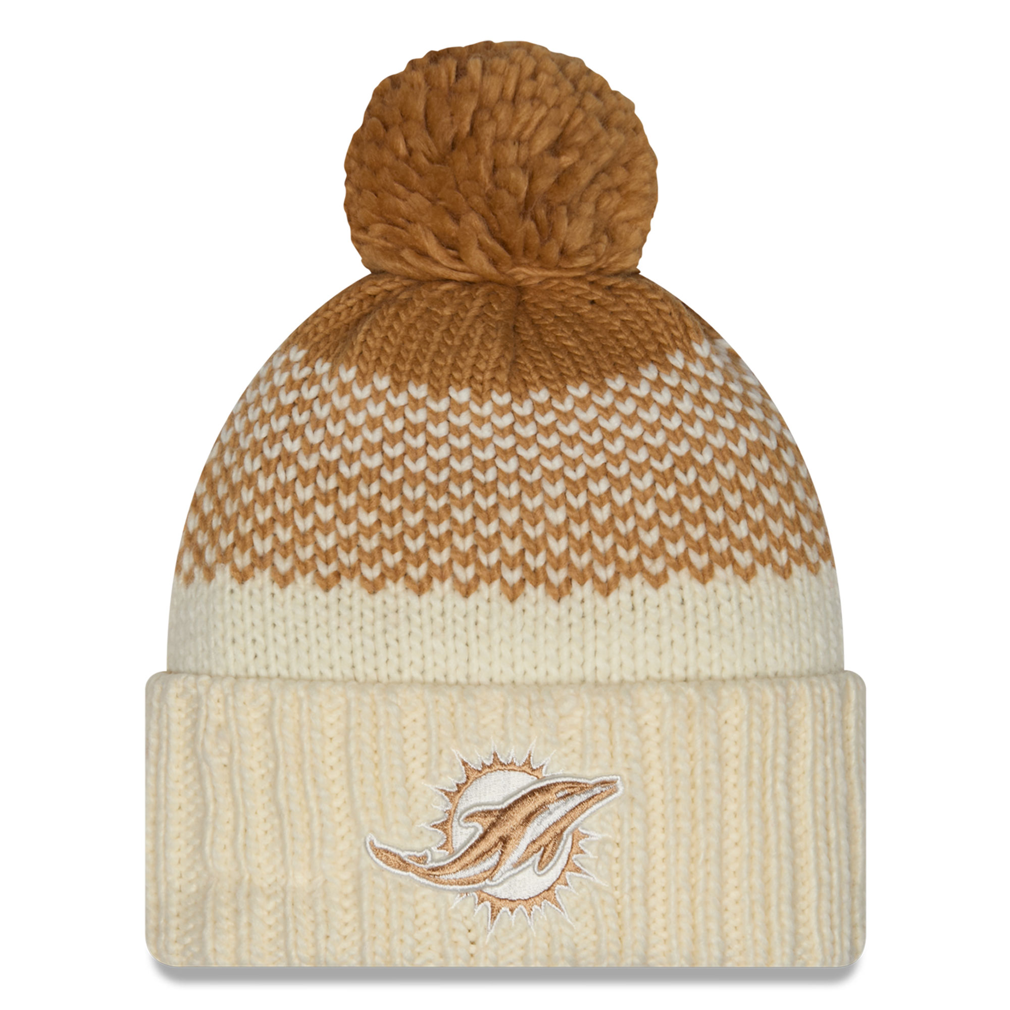 Girls Youth New Era Cream/Brown Miami Dolphins Fade Cuffed Knit Hat with Pom