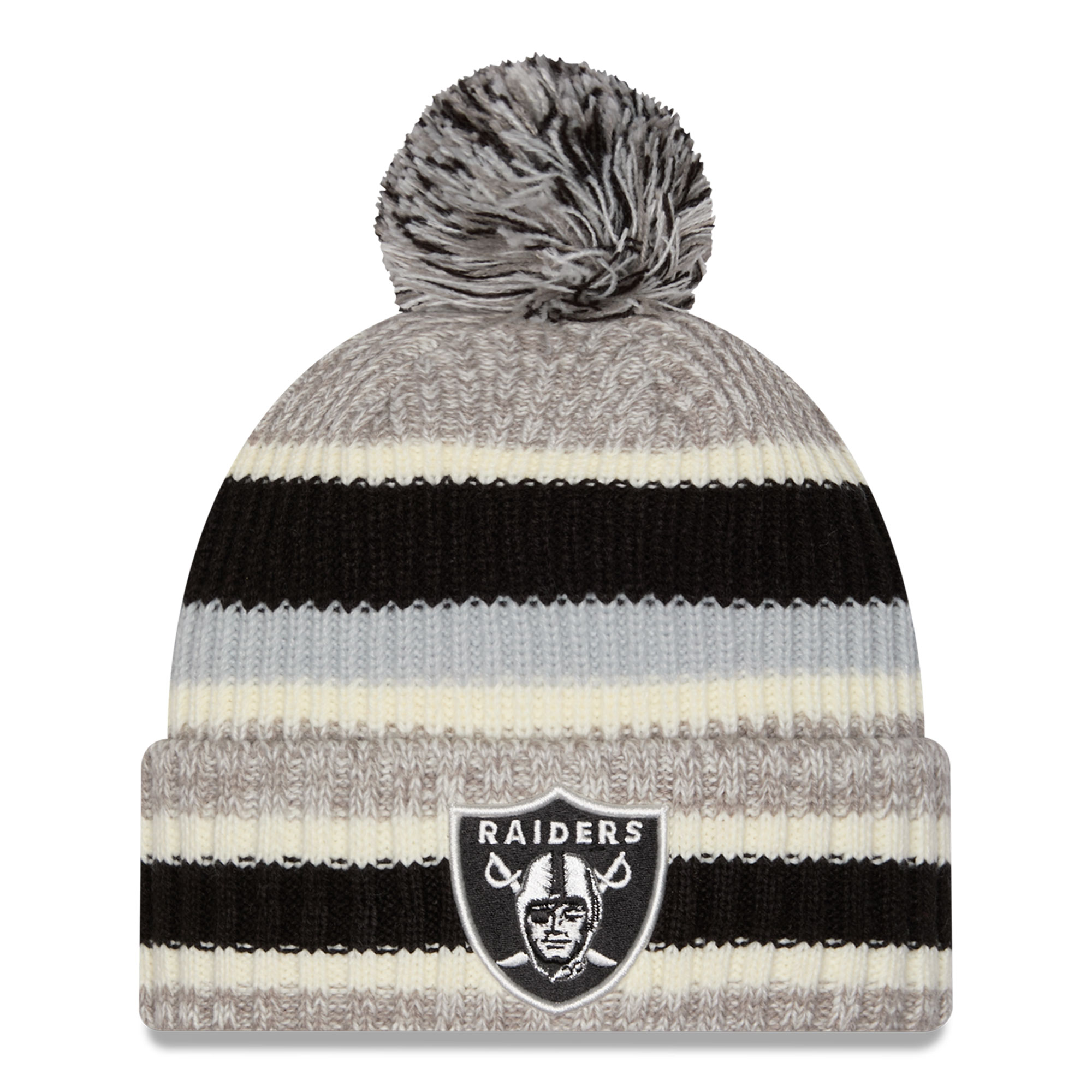 Girls Youth New Era Black/Beige Las Vegas Raiders Stripe Cuffed Knit Hat with Pom