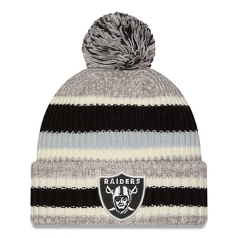 Girls Youth New Era Black/Beige Las Vegas Raiders Stripe Cuffed Knit Hat with Pom