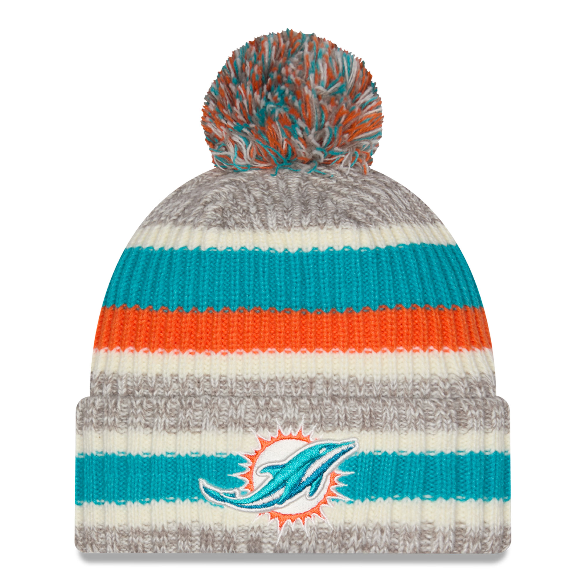 Girls Youth New Era Aqua/Beige Miami Dolphins Stripe Cuffed Knit Hat with Pom