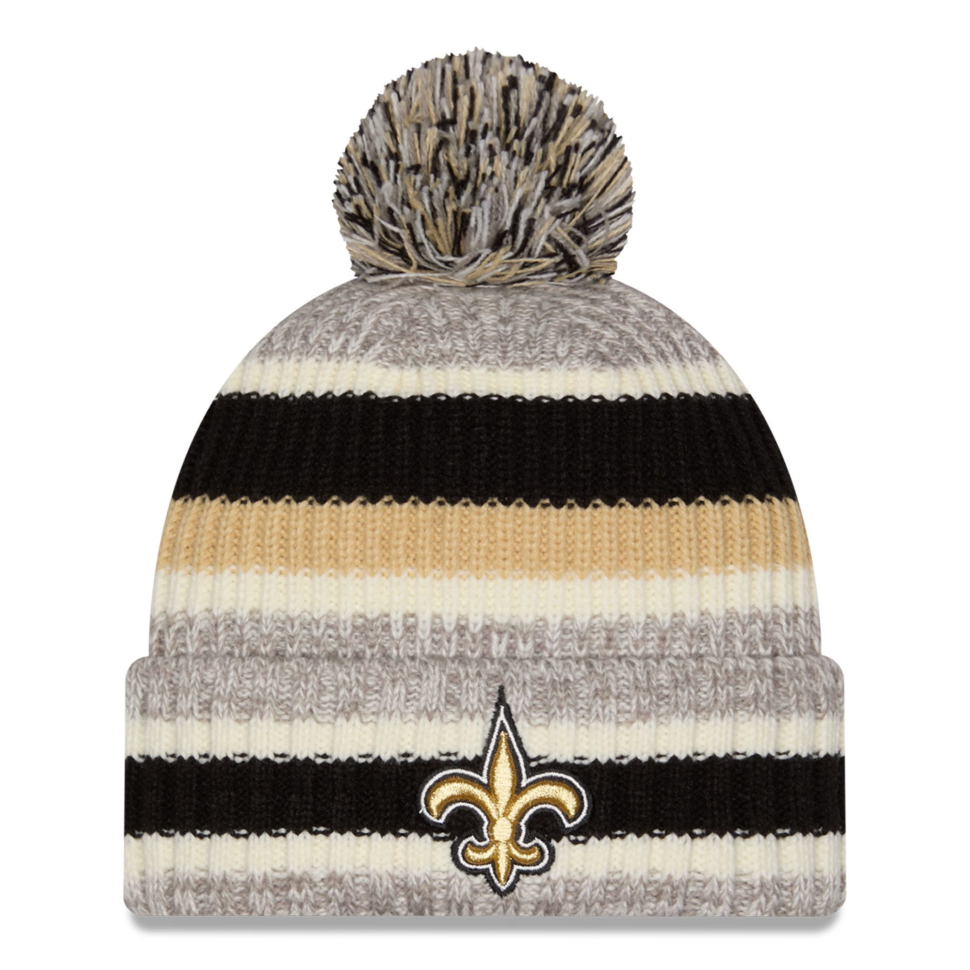 Girls Youth New Era Black/Beige New Orleans Saints Stripe Cuffed Knit Hat with Pom
