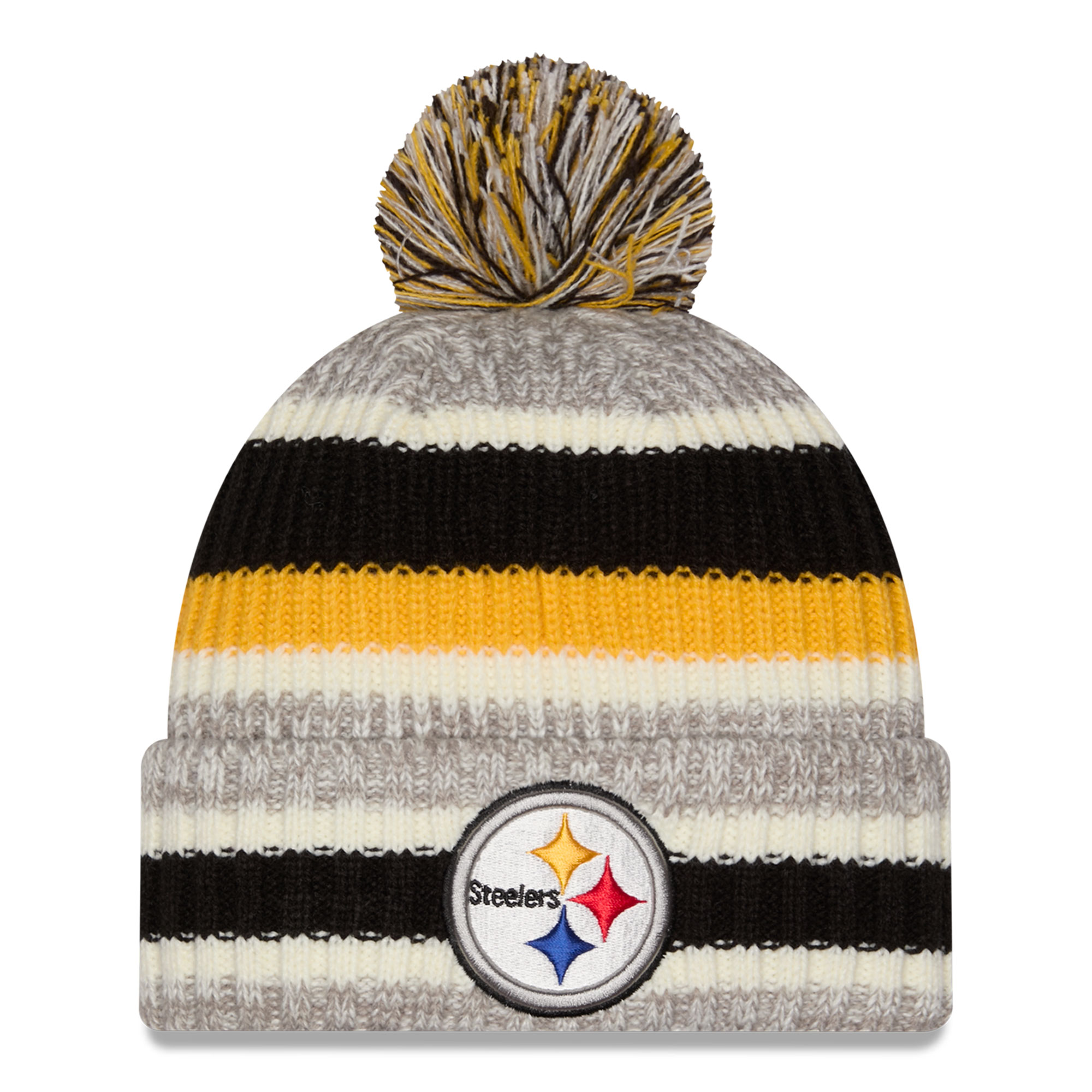 Girls Youth New Era Black/Beige Pittsburgh Steelers Stripe Cuffed Knit Hat with Pom