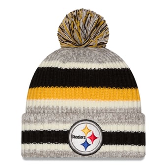 Girls Youth New Era Black/Beige Pittsburgh Steelers Stripe Cuffed Knit Hat with Pom
