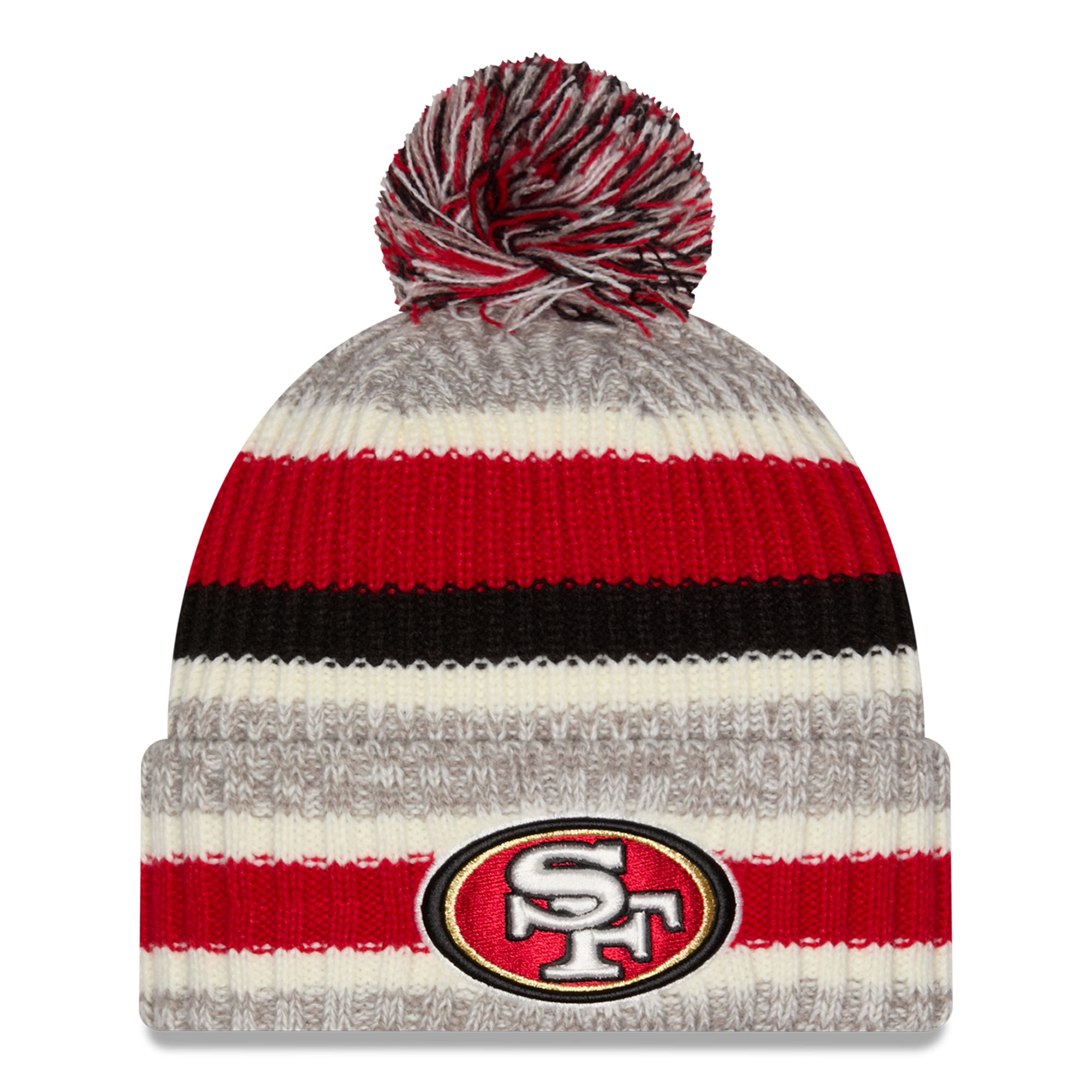 Girls Youth New Era Scarlet/Beige San Francisco 49ers Stripe Cuffed Knit Hat with Pom