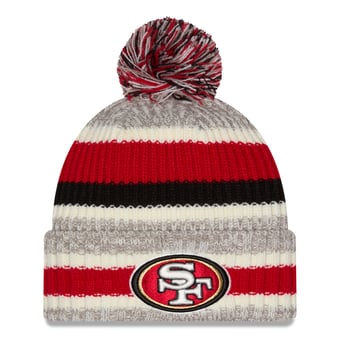 Girls Youth New Era Scarlet/Beige San Francisco 49ers Stripe Cuffed Knit Hat with Pom