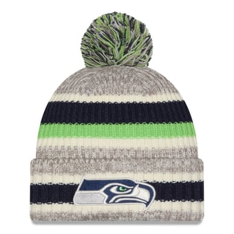 Girls Youth New Era College Navy/Beige Seattle Seahawks Stripe Cuffed Knit Hat with Pom