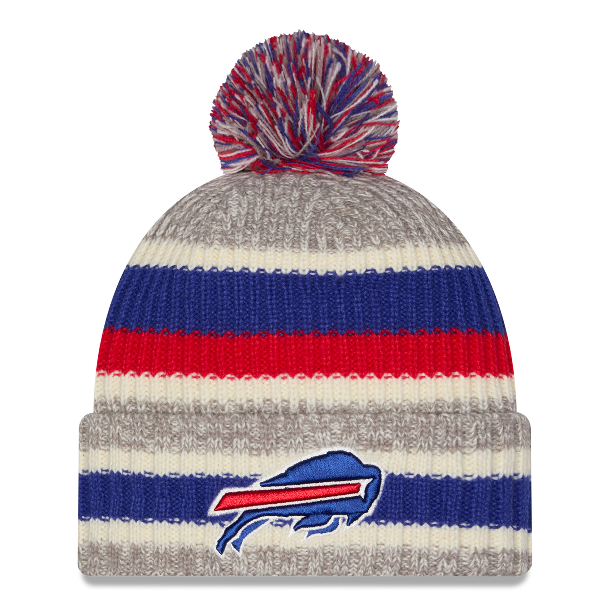 Girls Youth New Era Royal/Beige Buffalo Bills Stripe Cuffed Knit Hat with Pom