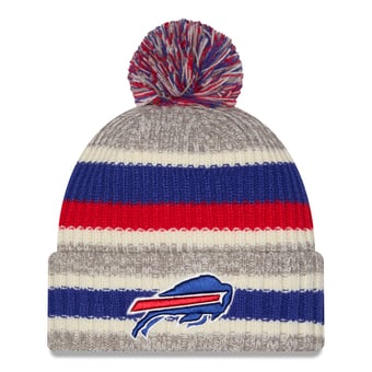 Girls Youth New Era Royal/Beige Buffalo Bills Stripe Cuffed Knit Hat with Pom