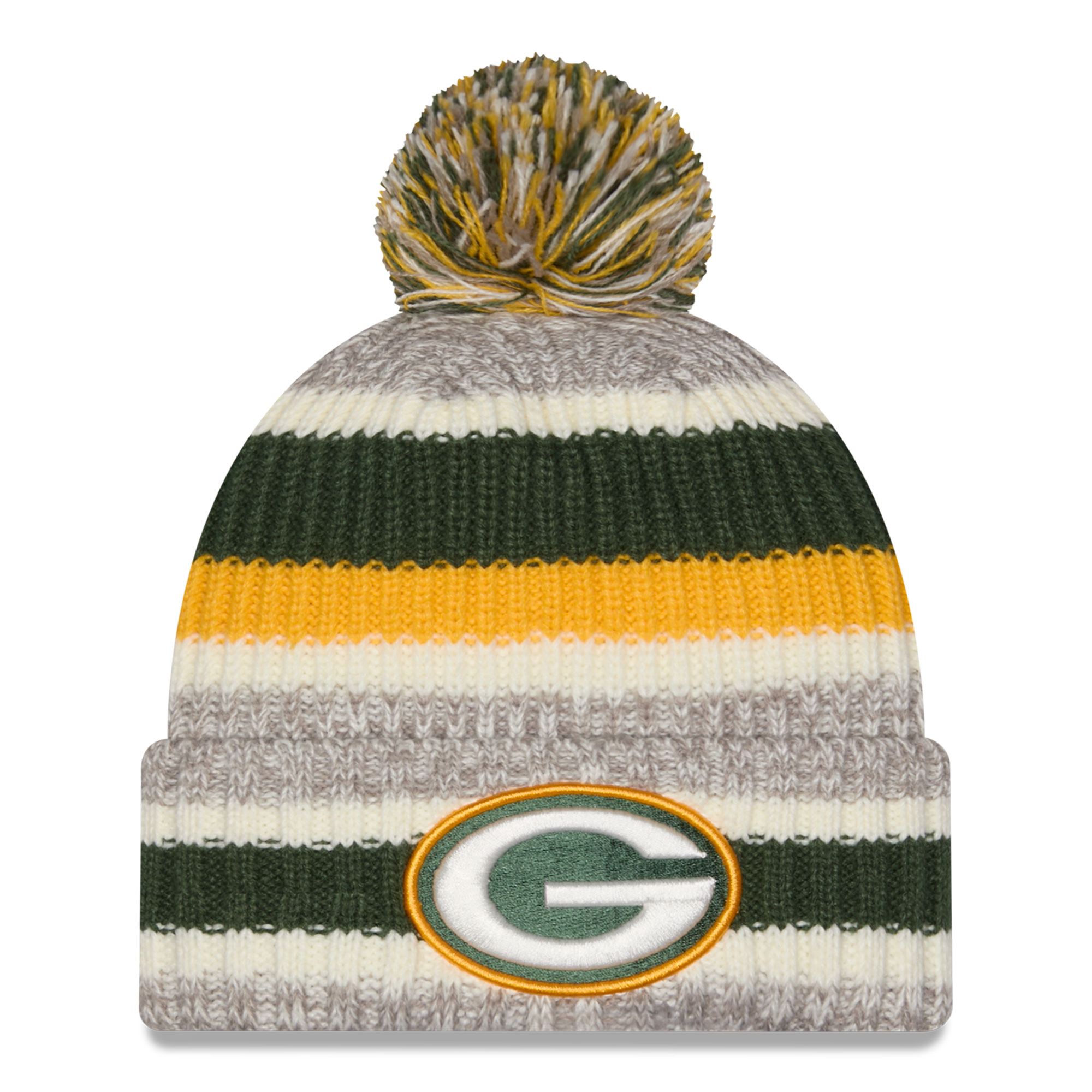 Girls Youth New Era Green/Beige Green Bay Packers Stripe Cuffed Knit Hat with Pom