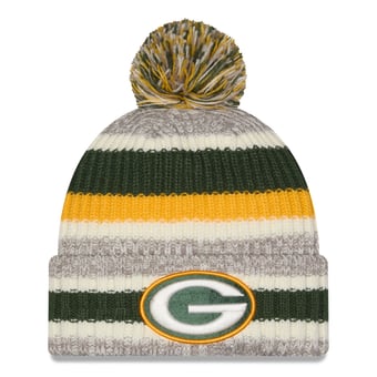 Girls Youth New Era Green/Beige Green Bay Packers Stripe Cuffed Knit Hat with Pom