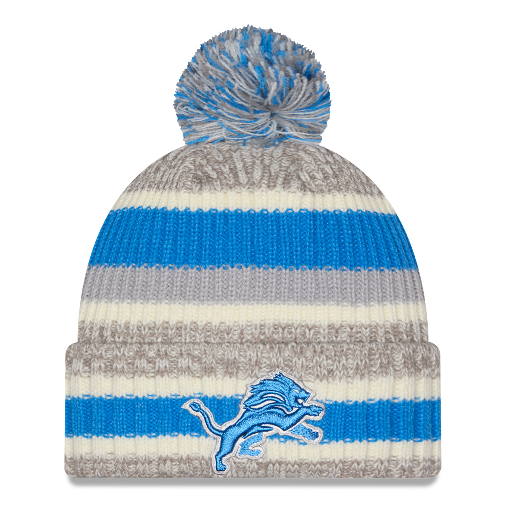 Girls Youth New Era Silver/Beige Detroit Lions Stripe Cuffed Knit Hat with Pom
