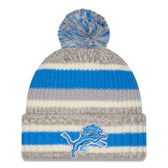 Girls Youth New Era Silver/Beige Detroit Lions Stripe Cuffed Knit Hat with Pom