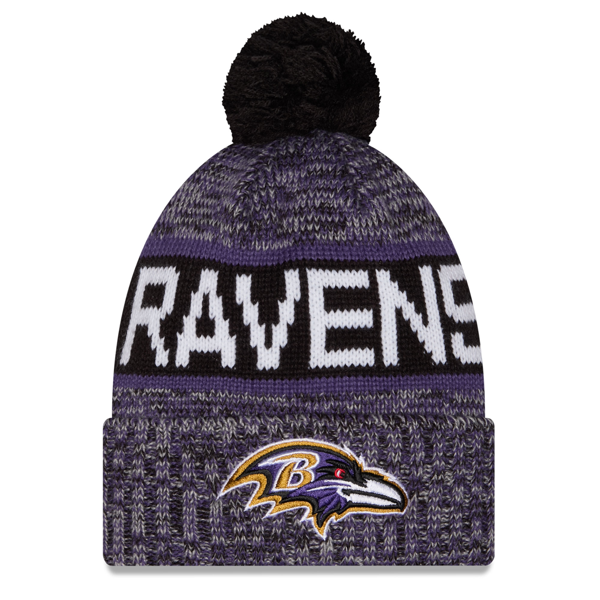 Girls Youth New Era Black Baltimore Ravens Tri-Color Cuffed Knit Hat with Pom