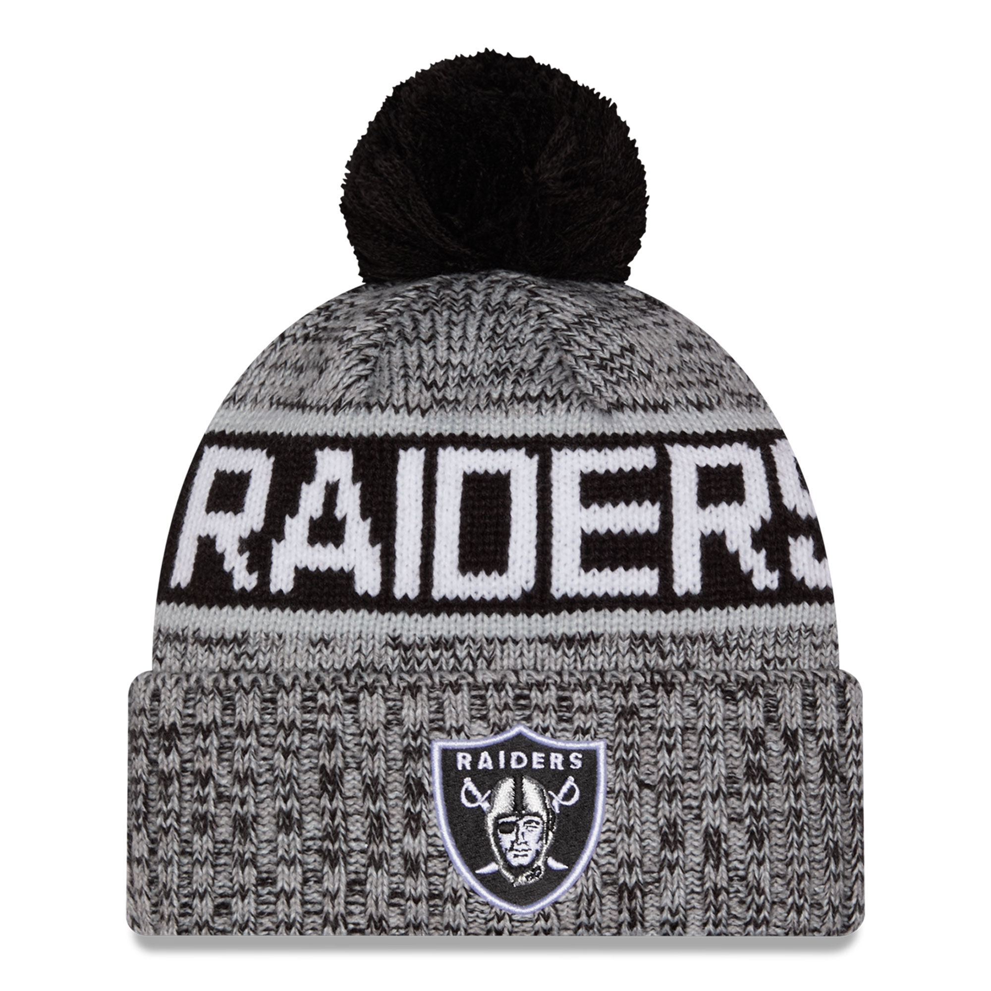 Girls Youth New Era Black Las Vegas Raiders Tri-Color Cuffed Knit Hat with Pom