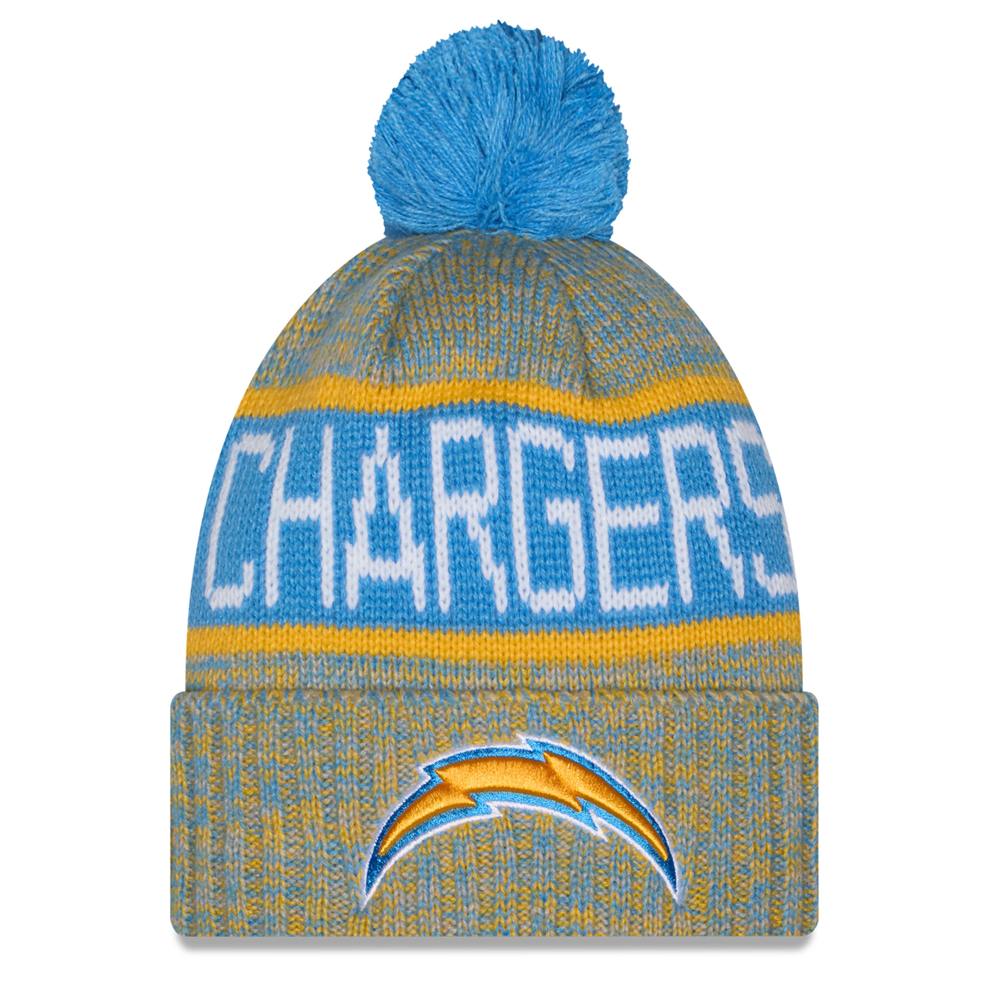 Girls Youth New Era Powder Blue Los Angeles Chargers Tri-Color Cuffed Knit Hat with Pom