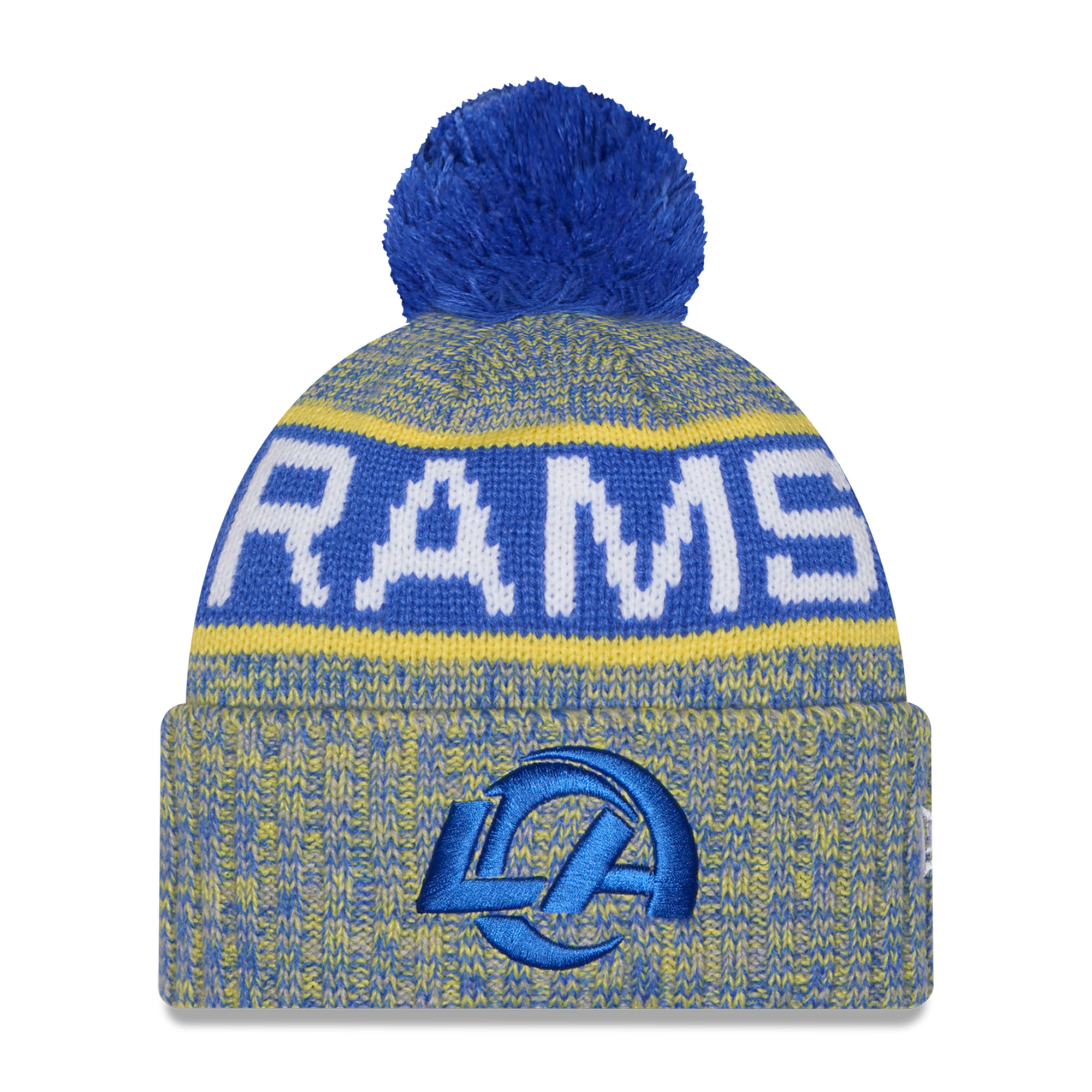 Girls Youth New Era Royal Los Angeles Rams Tri-Color Cuffed Knit Hat with Pom