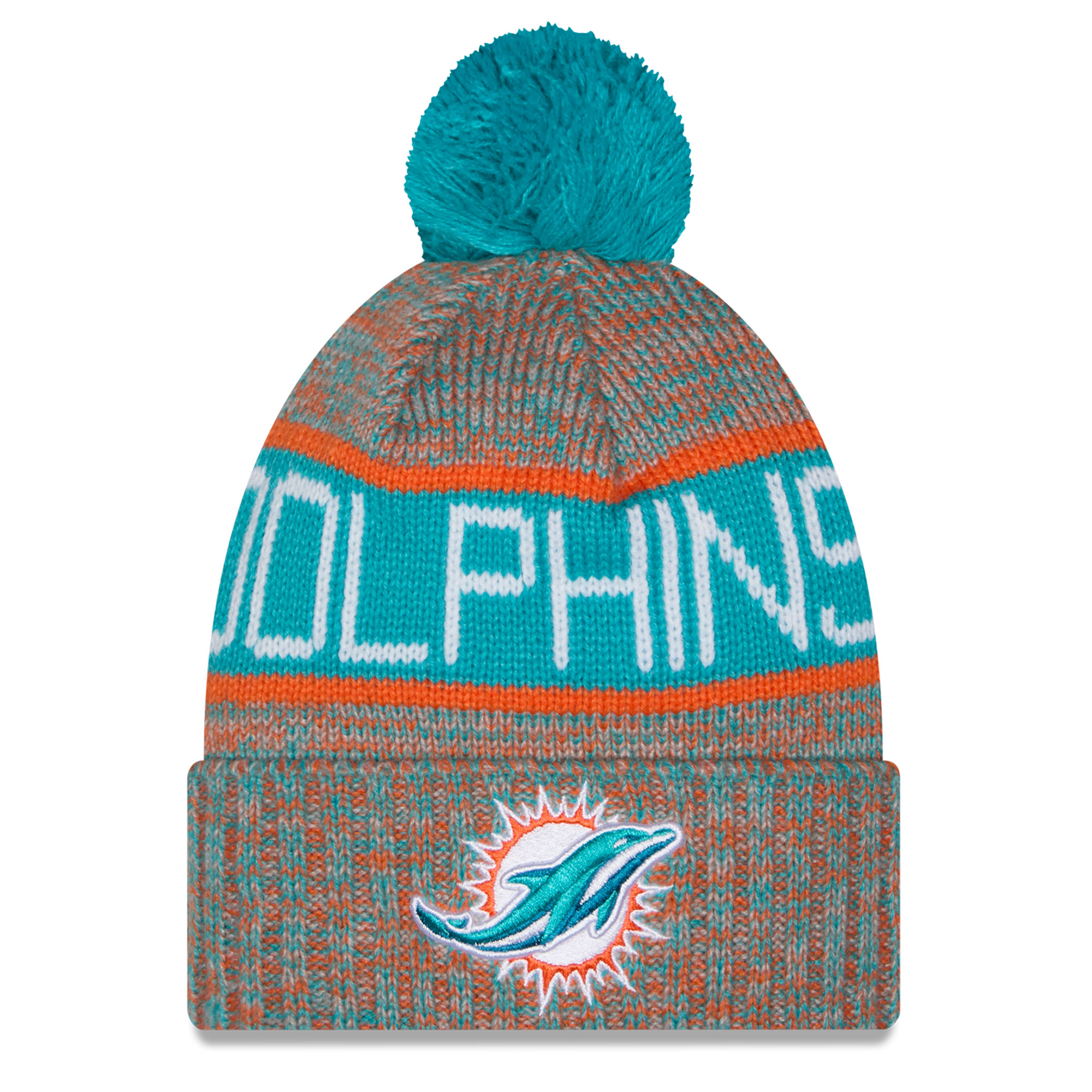 Girls Youth New Era Aqua Miami Dolphins Tri-Color Cuffed Knit Hat with Pom