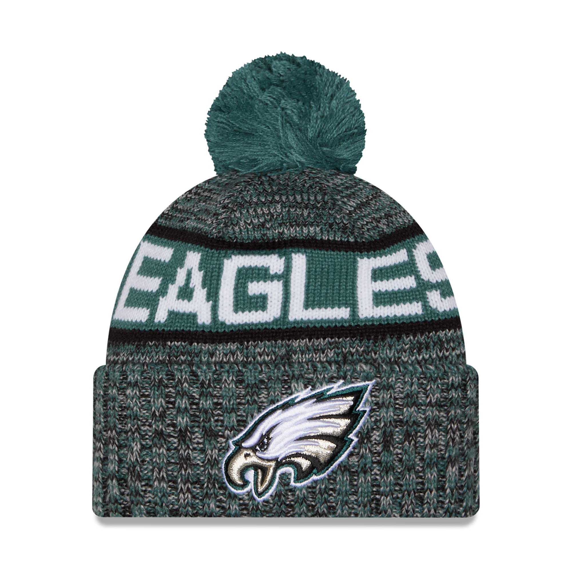 Girls Youth New Era Midnight Green Philadelphia Eagles Tri-Color Cuffed Knit Hat with Pom