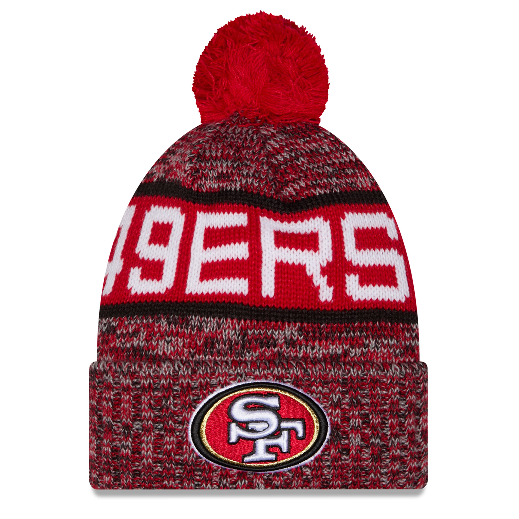 Girls Youth New Era Scarlet San Francisco 49ers Tri-Color Cuffed Knit Hat with Pom