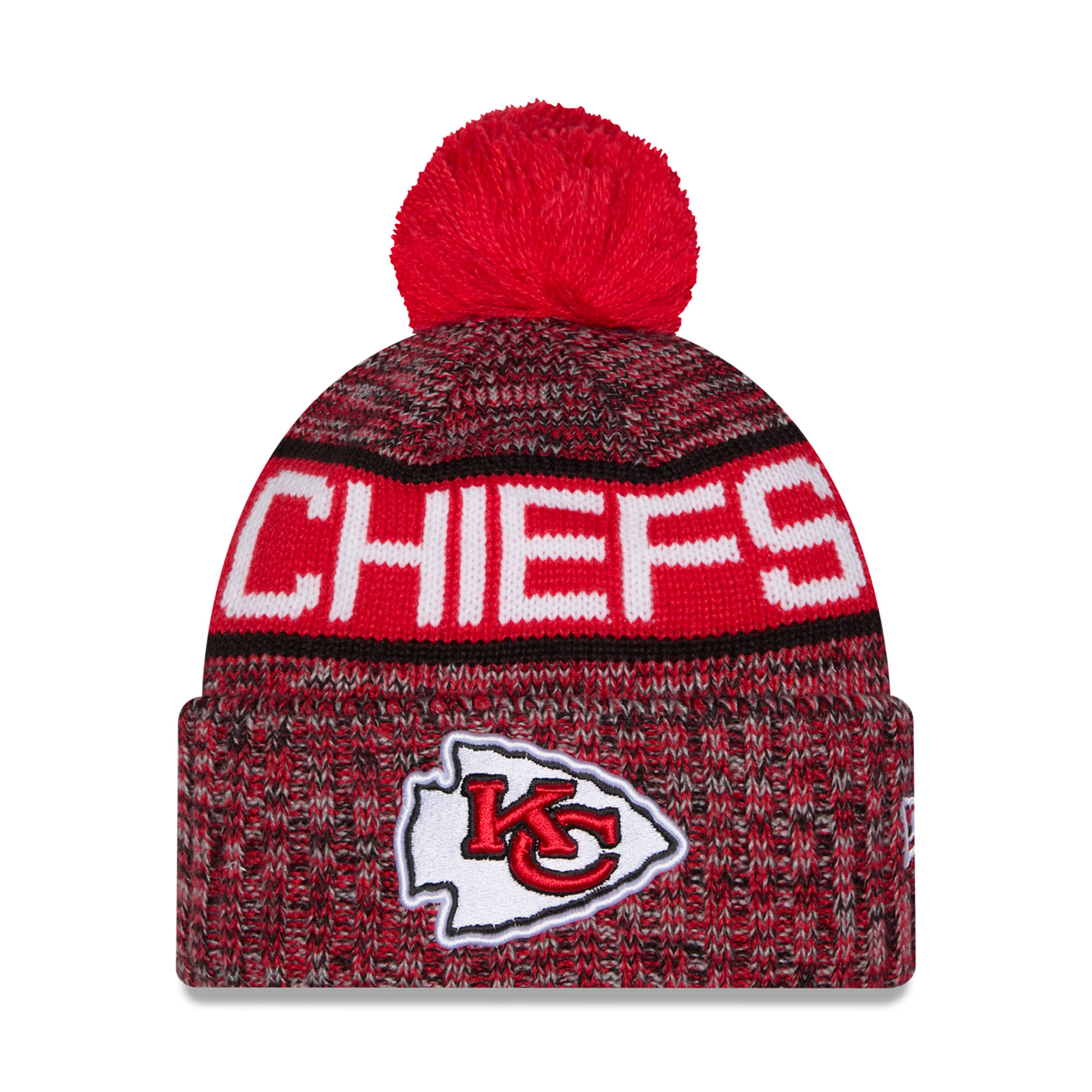 Girls Youth New Era Red Kansas City Chiefs Tri-Color Cuffed Knit Hat with Pom