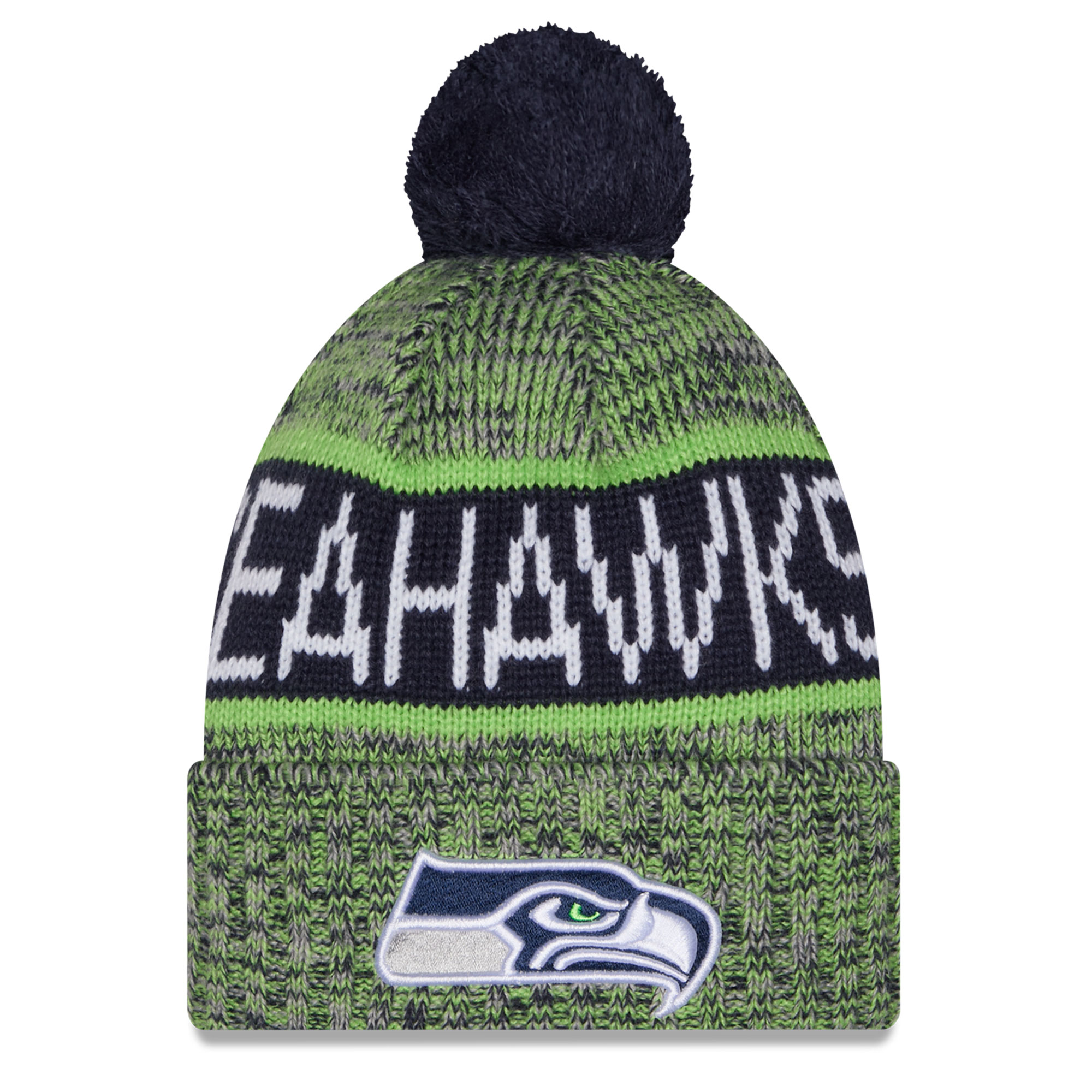 Girls Youth New Era Neon Green Seattle Seahawks Tri-Color Cuffed Knit Hat with Pom