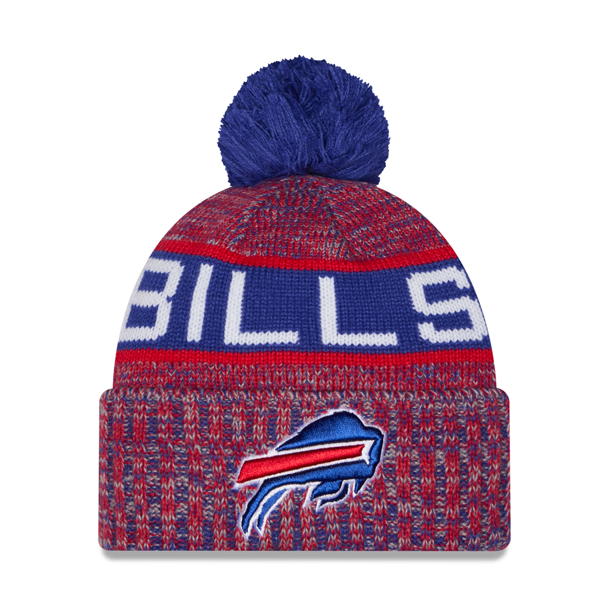 Girls Youth New Era Red Buffalo Bills Tri-Color Cuffed Knit Hat with Pom
