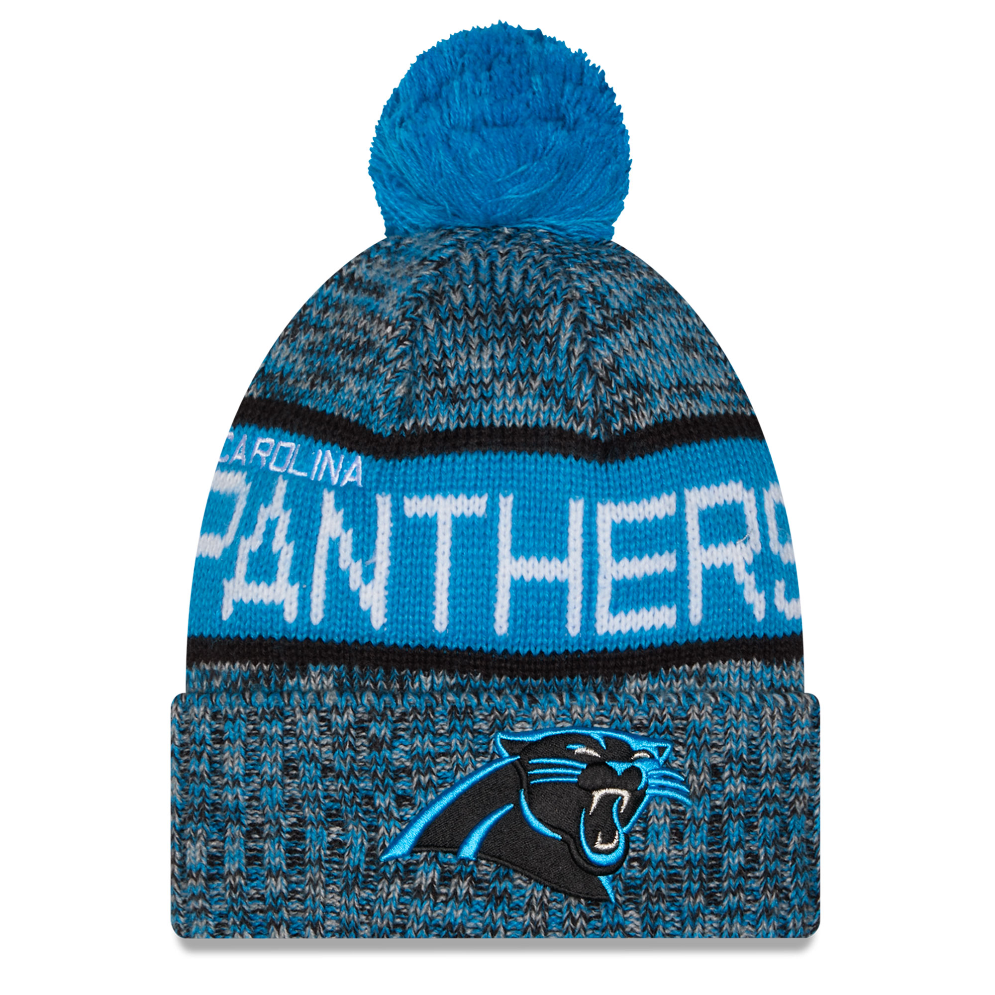Girls Youth New Era Blue Carolina Panthers Tri-Color Cuffed Knit Hat with Pom