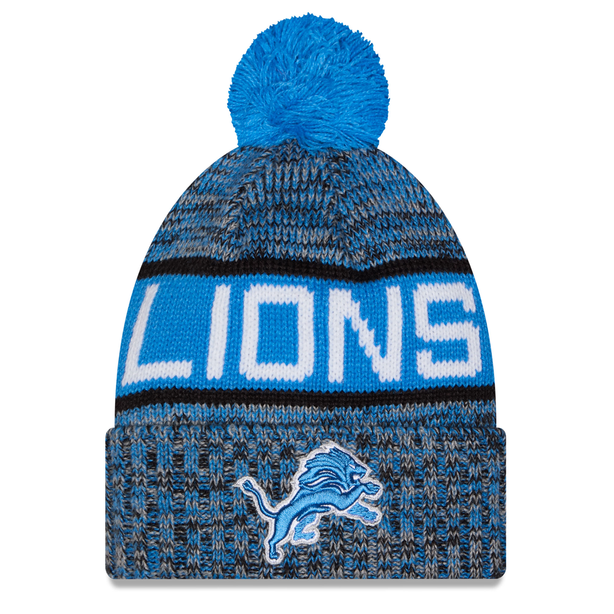 Girls Youth New Era Blue Detroit Lions Tri-Color Cuffed Knit Hat with Pom